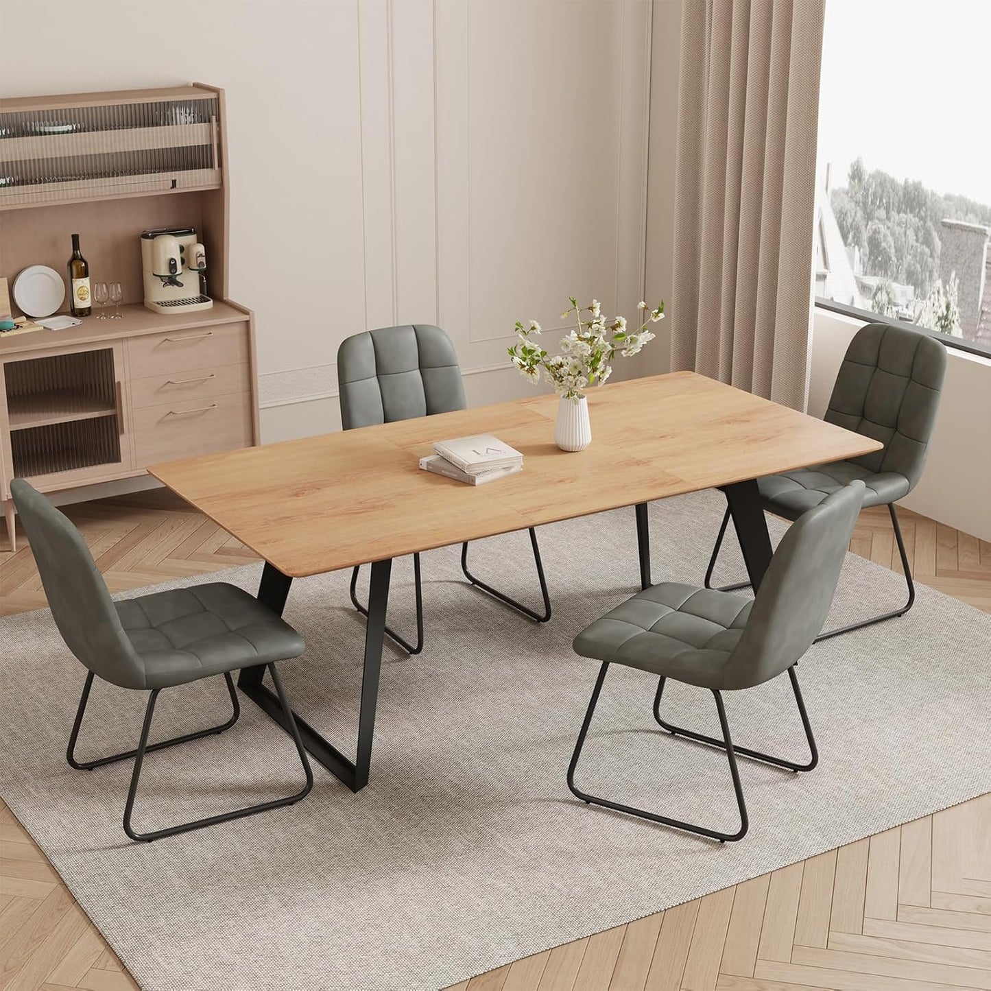 ZckyCine 67" Modern Rectangular Wooden Dining Table Set with 6 Brown Leather Chairs - Expandable, Space-Saving, Multifunctional