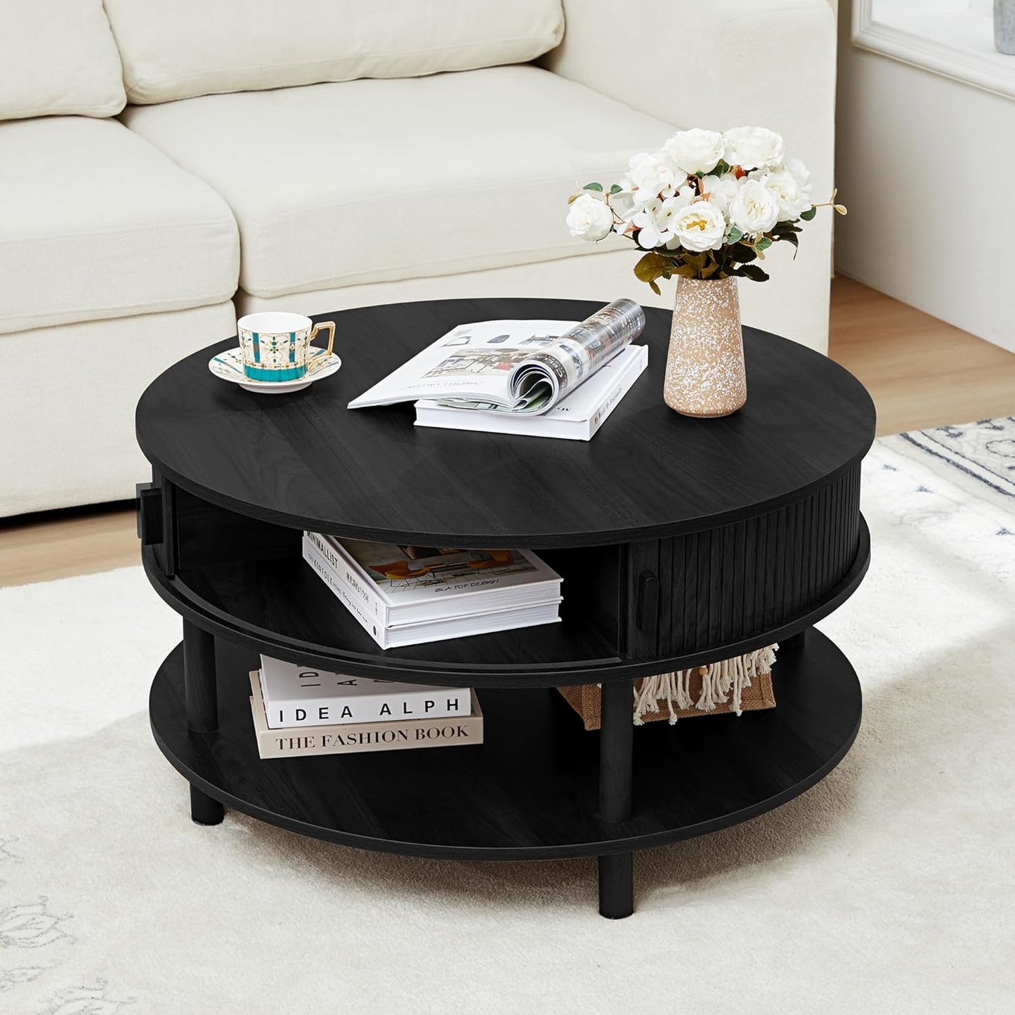 43.3" Coffee Table with Storage, Oval Coffee Tables for Living Room, Farmhouse Fluted Coffee Table with Large Storage Shelf, Wood Center Table for Small Space, Natural
