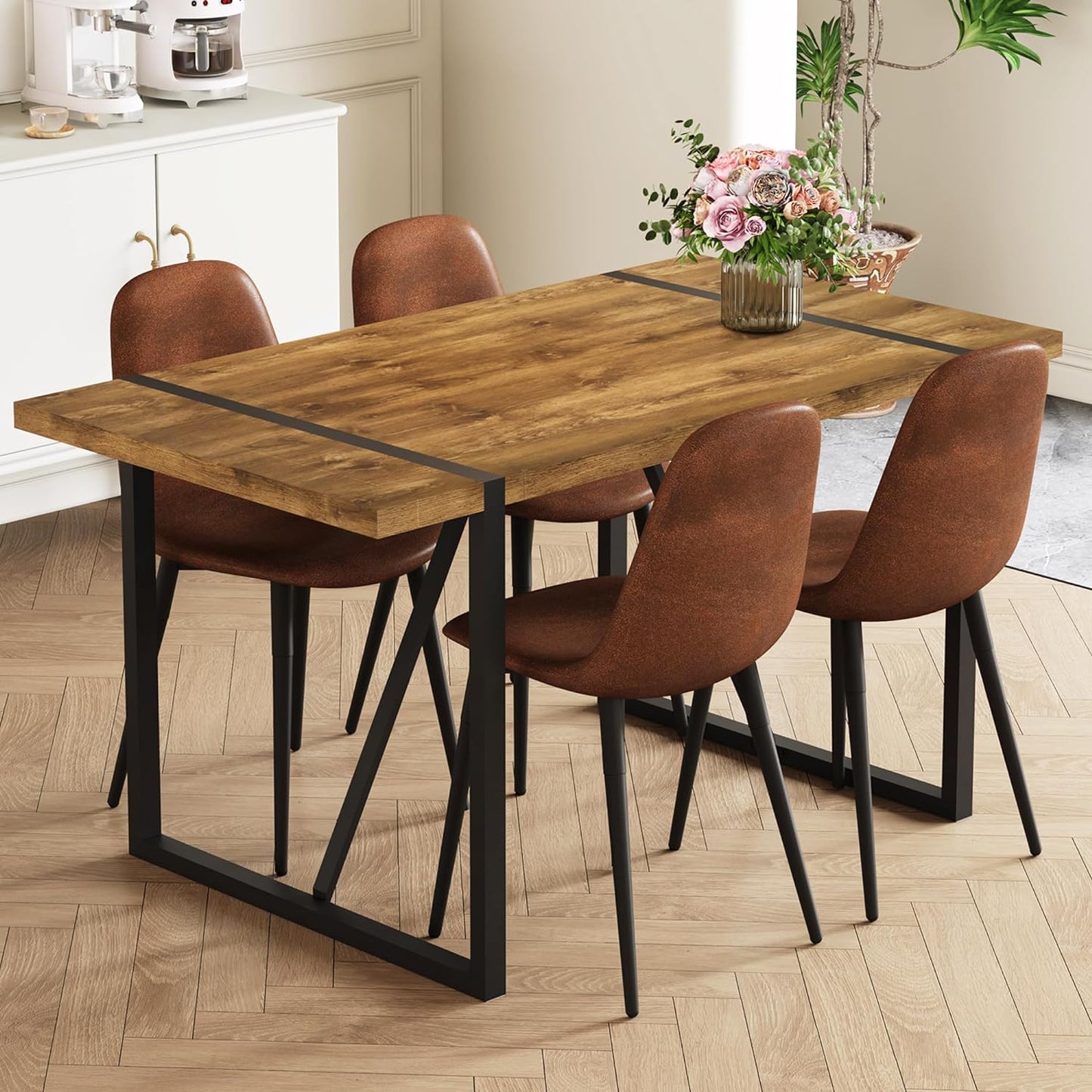 Rustic 7 Piece Dining Room Table Set for 6 People, Mid Century Modern 55 Inch Rectangle Wood Kitchen Dining Table with 6 Fabric Chairs Set, Suitable for Kitchen Dining Room