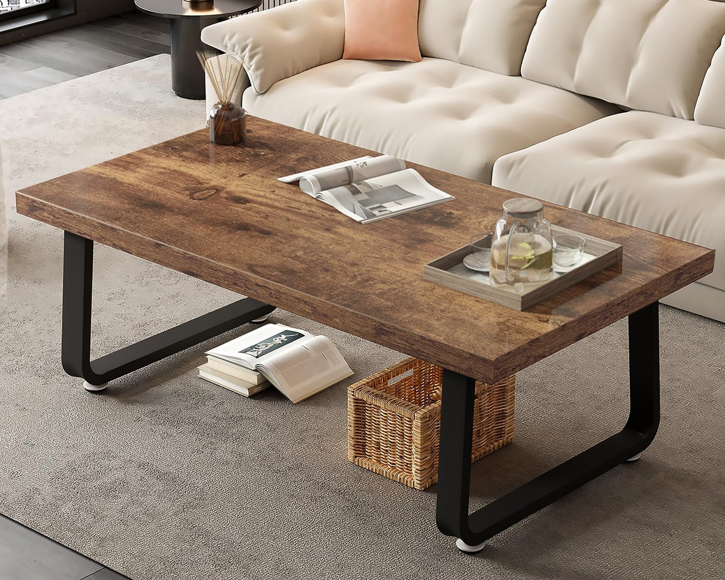 HSH Rustic Walnut Coffee Table, Modern Center Table, Rectangle Industrial Living Room Coffee Table, Simple Farmhouse Wood and Metal Tea Table for Home Bedroom Office, Walnut, 47 in