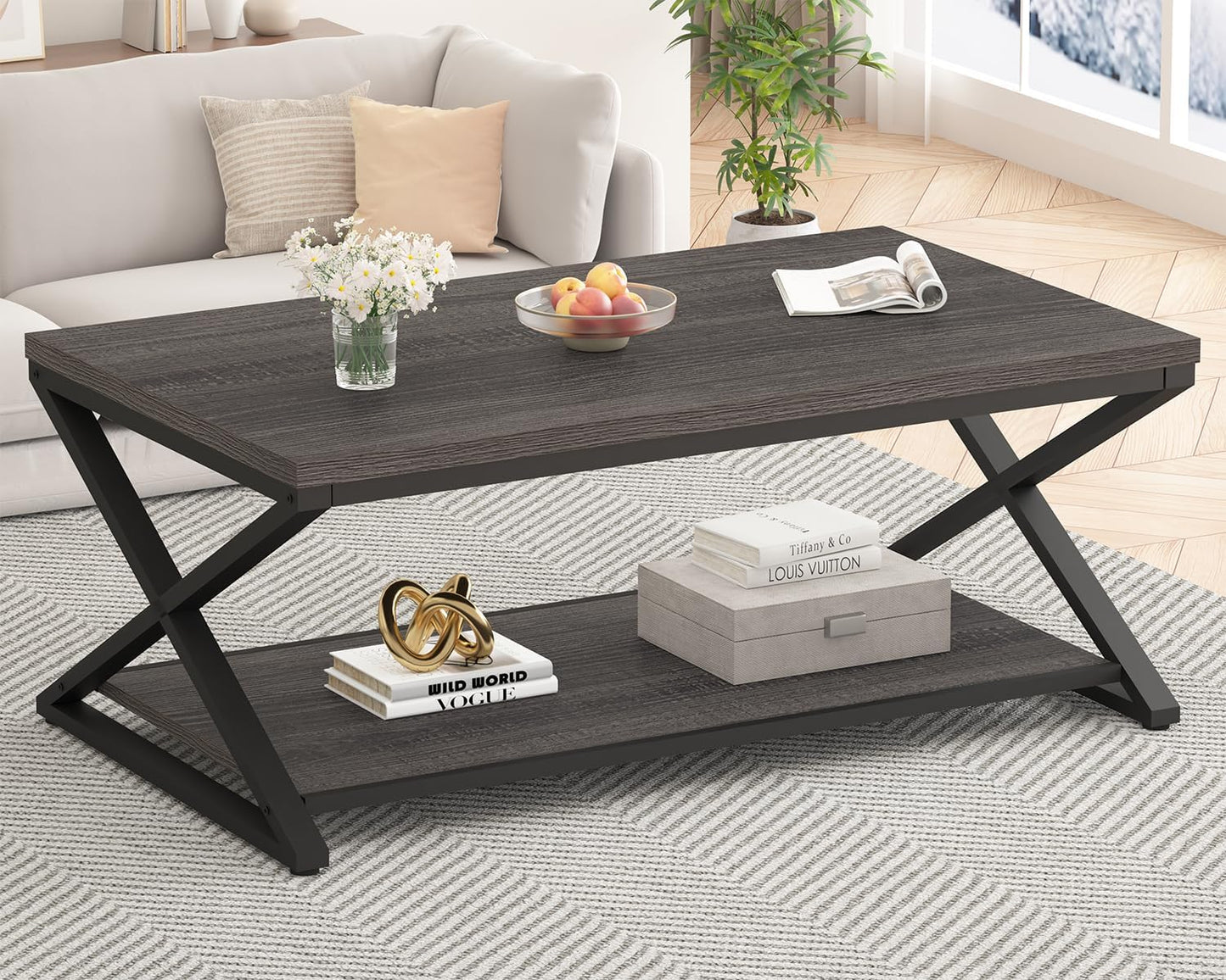 HSH Black Coffee Table Modern, 47 Inch Simple Rectangle Cocktail Table with Storage Display Shelf, 2 Tier Minimalist Industrial Wooden and Metal Center Tea Table for Living Room Office, Black Oak