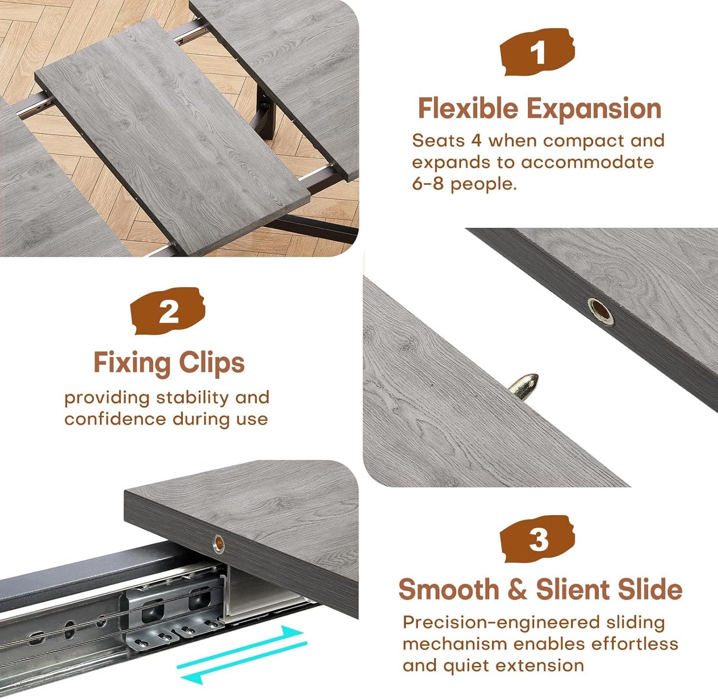 Dining Table for 4-6, 62“Extendable Kitchen Dining Room Table, Space Saving Rectangle Large Expandable Wood Dinner Furniture for Small Space (Grey)