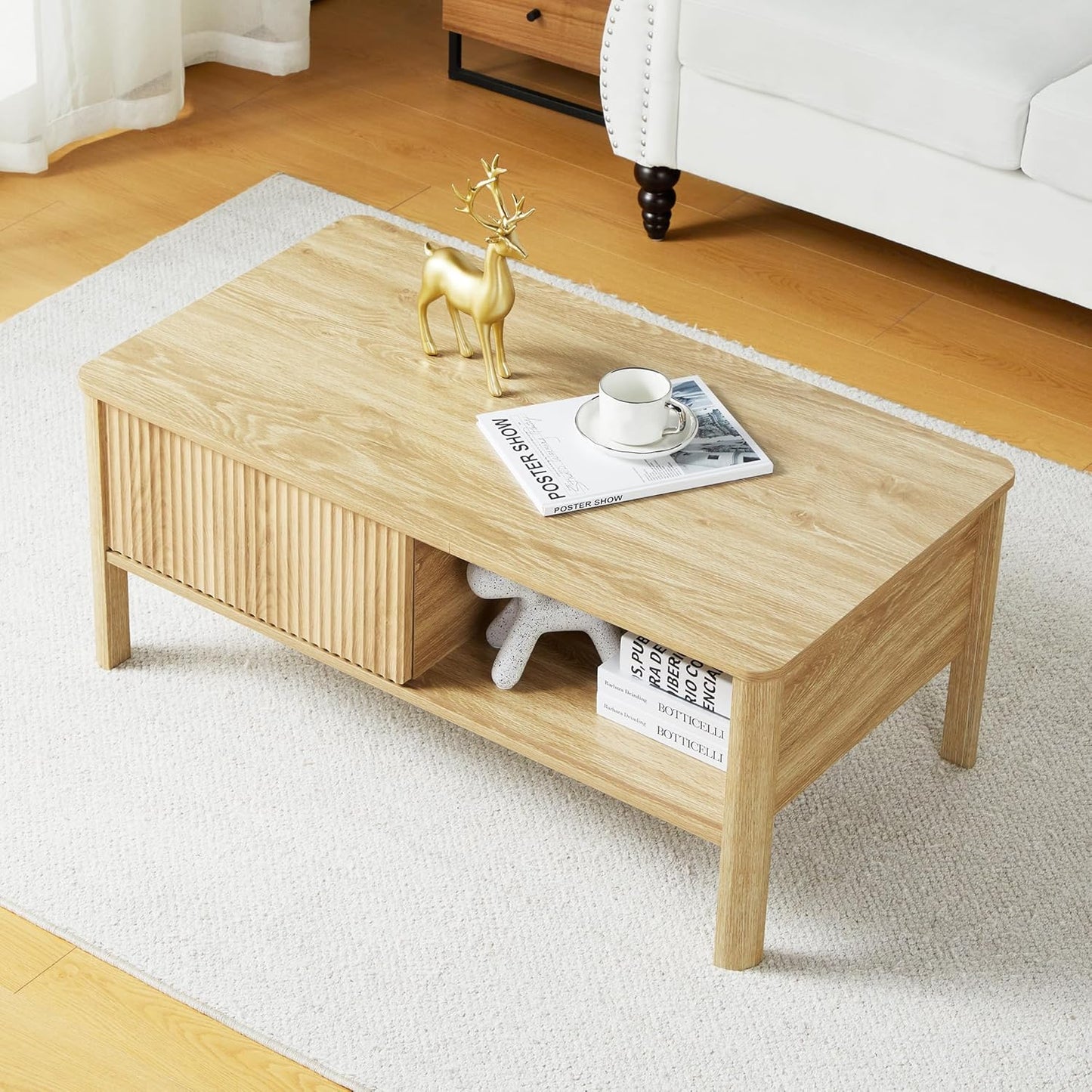 43.3" Coffee Table with Storage, Oval Coffee Tables for Living Room, Farmhouse Fluted Coffee Table with Large Storage Shelf, Wood Center Table for Small Space, Natural