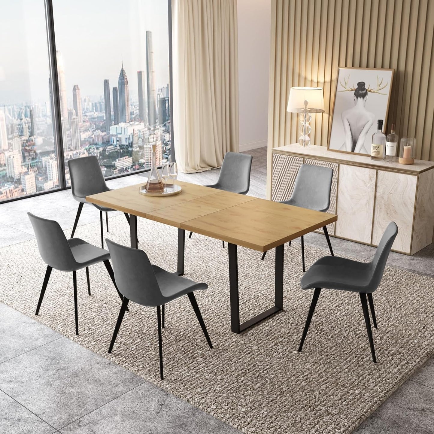 ZckyCine Modern 5-Piece Dining Table Set Rectangular Wood Table with 4 Upholstered Leather Chairs, Seats 4