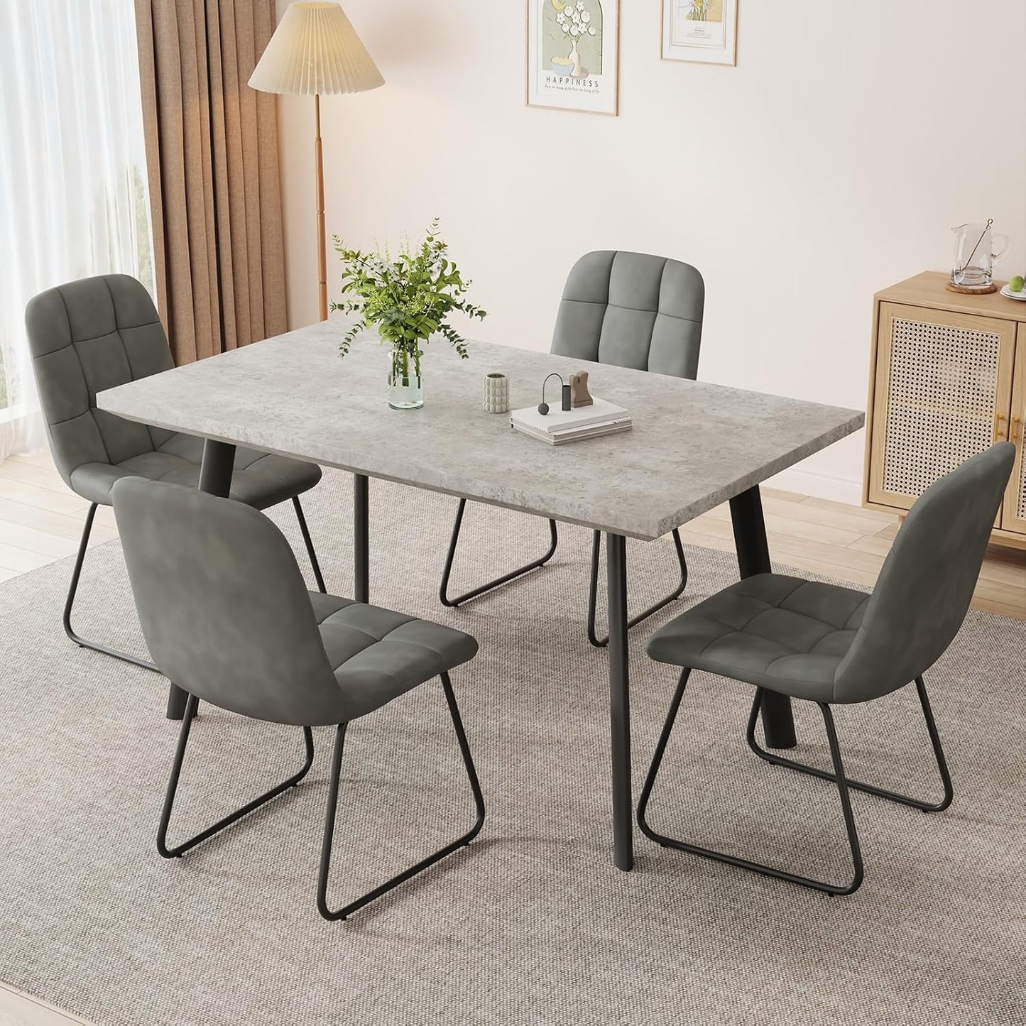 ZckyCine Modern 5-Piece Dining Table Set Rectangular Wood Table with 4 Upholstered Leather Chairs, Seats 4