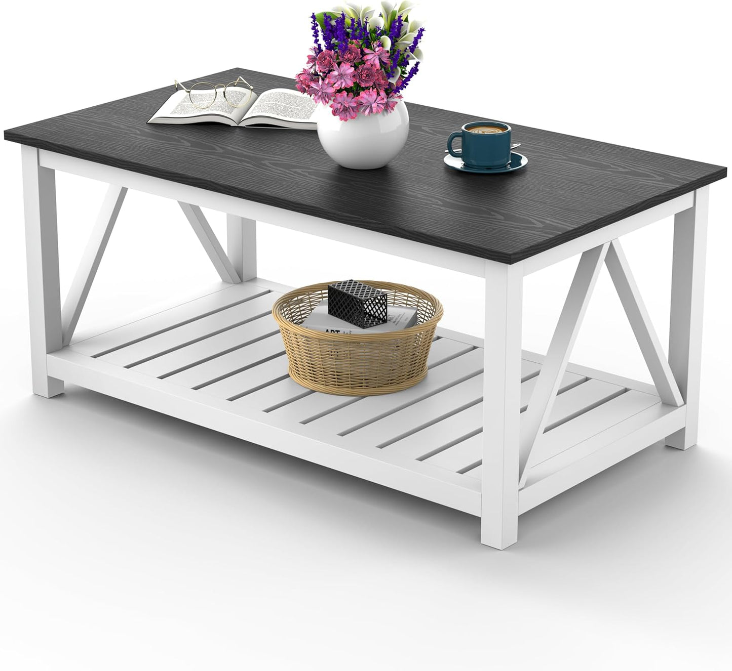 40" Farmhouse Coffee Table | Vintage Rustic Wooden Coffee Table with Lower Shelf for Living Room, Dorm, Office, Bedroom Center Table - Brown