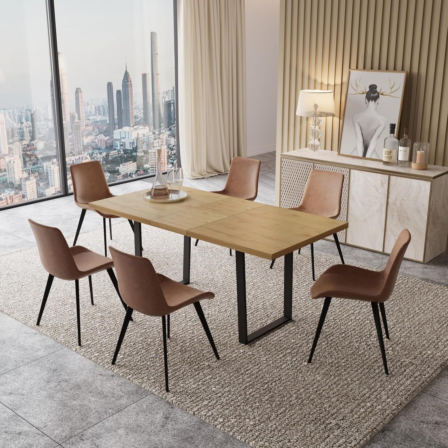 ZckyCine Modern 5-Piece Dining Table Set Rectangular Wood Table with 4 Upholstered Leather Chairs, Seats 4