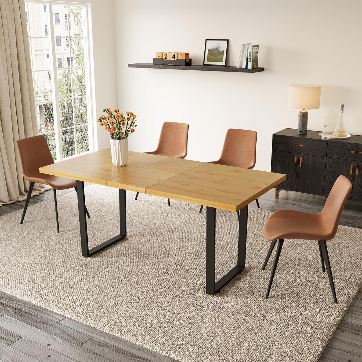 ZckyCine Modern 5-Piece Dining Table Set Rectangular Wood Table with 4 Upholstered Leather Chairs, Seats 4