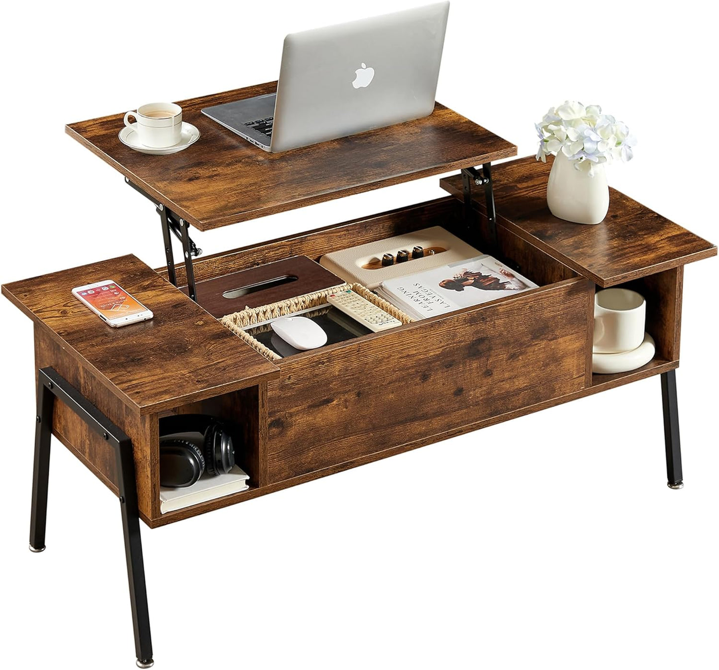 VECELO Wood Lift Top Coffee Table with Hidden Compartment and Storage Shelf for Living Room/Office Reception, Rising Tabletop, Black