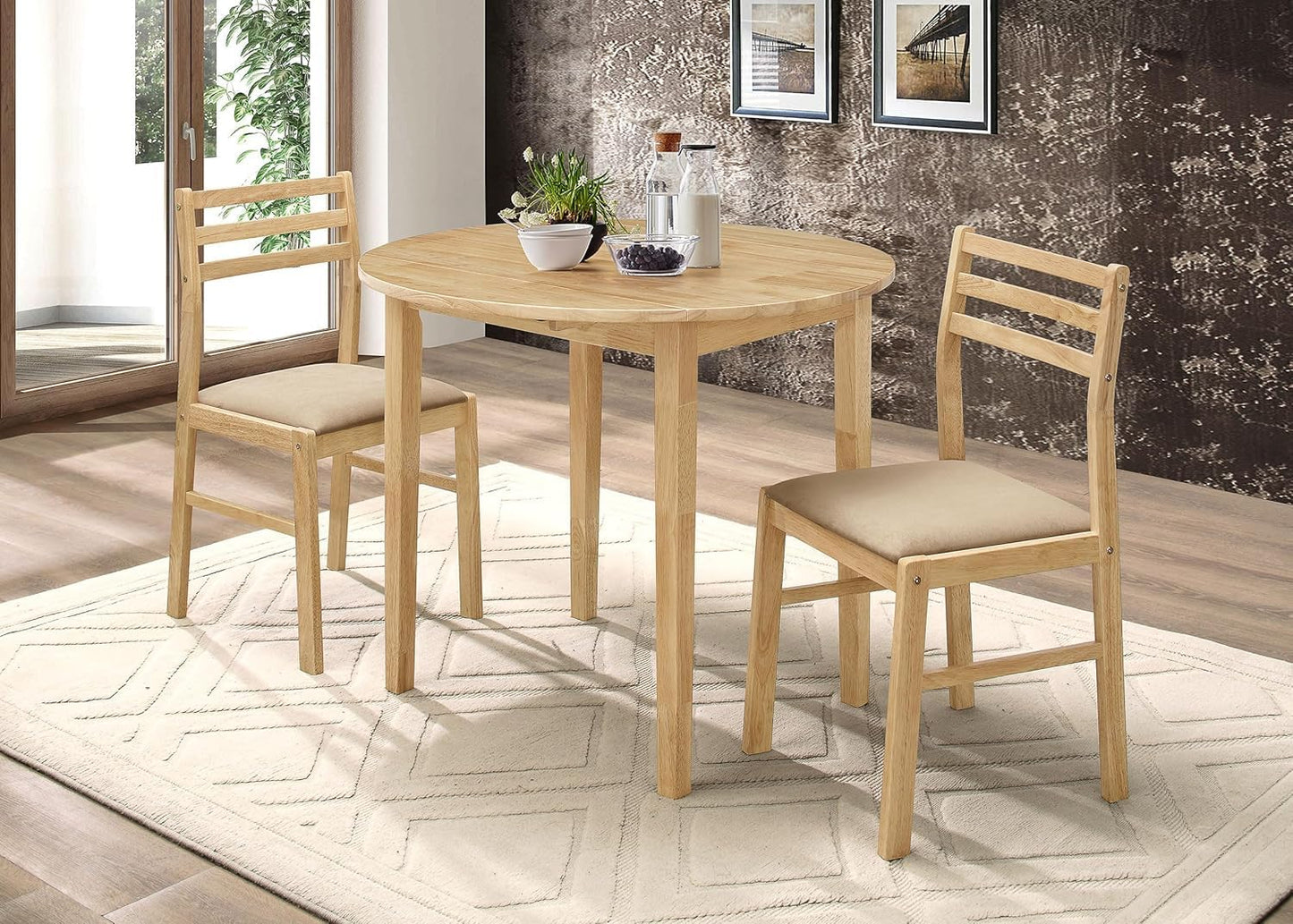 CARTESIAN 3-Piece Drop Leaf Dining Set, Natural Wood Table and 2 Chairs with Beige Cushions, Small Space Kitchen Furniture