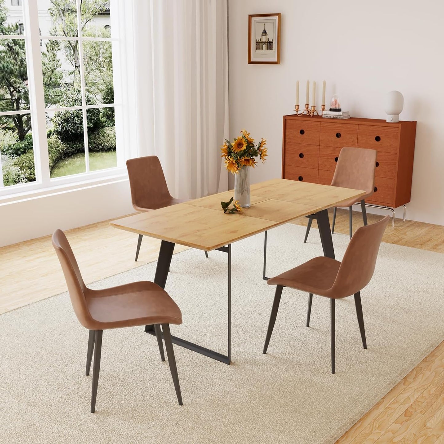 ZckyCine 67" Modern Rectangular Wooden Dining Table Set with 6 Brown Leather Chairs - Expandable, Space-Saving, Multifunctional