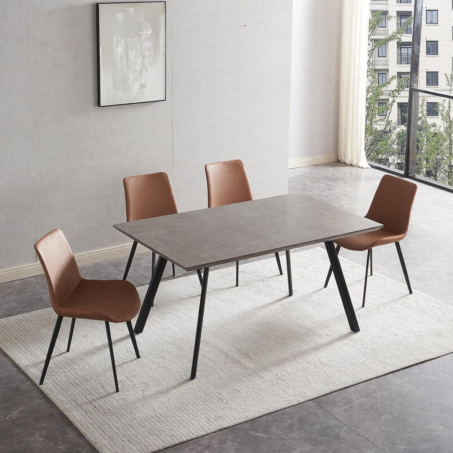 ZckyCine Modern 5-Piece Dining Table Set Rectangular Wood Table with 4 Upholstered Leather Chairs, Seats 4