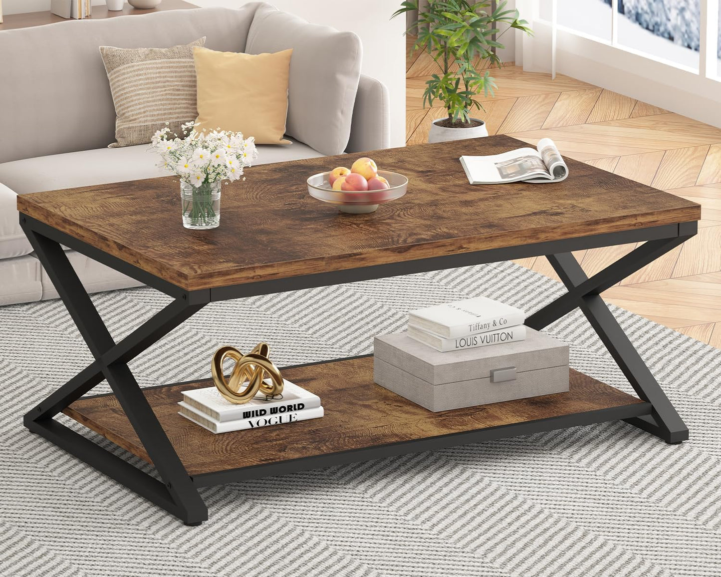 HSH Black Coffee Table Modern, 47 Inch Simple Rectangle Cocktail Table with Storage Display Shelf, 2 Tier Minimalist Industrial Wooden and Metal Center Tea Table for Living Room Office, Black Oak