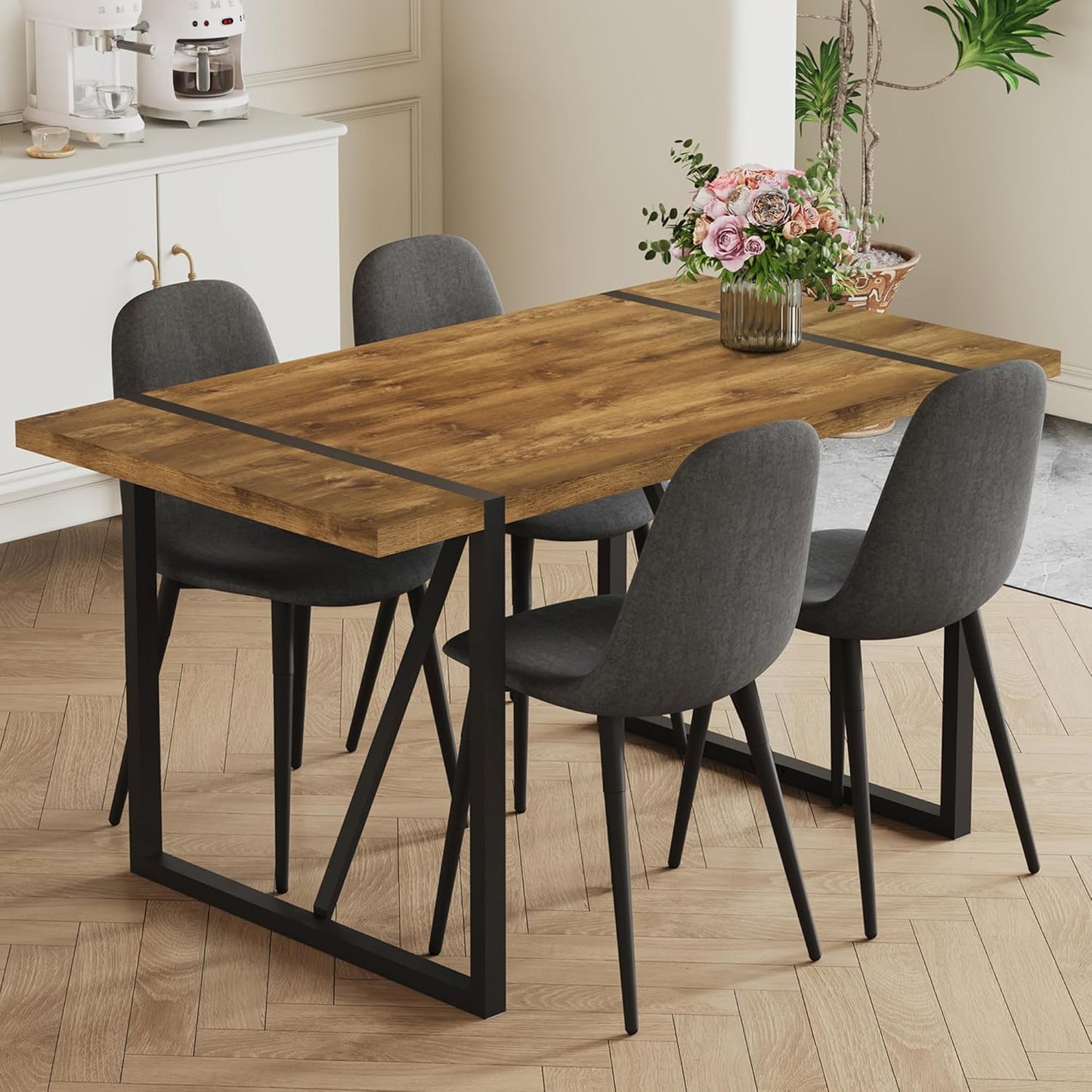 Rustic 7 Piece Dining Room Table Set for 6 People, Mid Century Modern 55 Inch Rectangle Wood Kitchen Dining Table with 6 Fabric Chairs Set, Suitable for Kitchen Dining Room