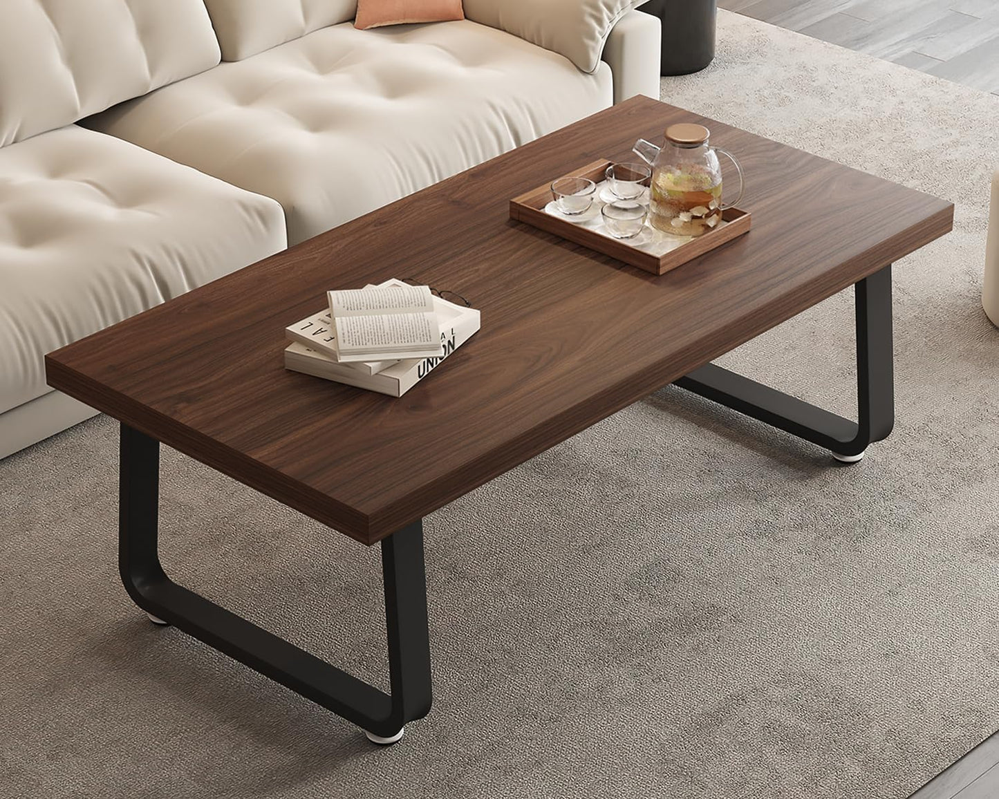 HSH Rustic Walnut Coffee Table, Modern Center Table, Rectangle Industrial Living Room Coffee Table, Simple Farmhouse Wood and Metal Tea Table for Home Bedroom Office, Walnut, 47 in