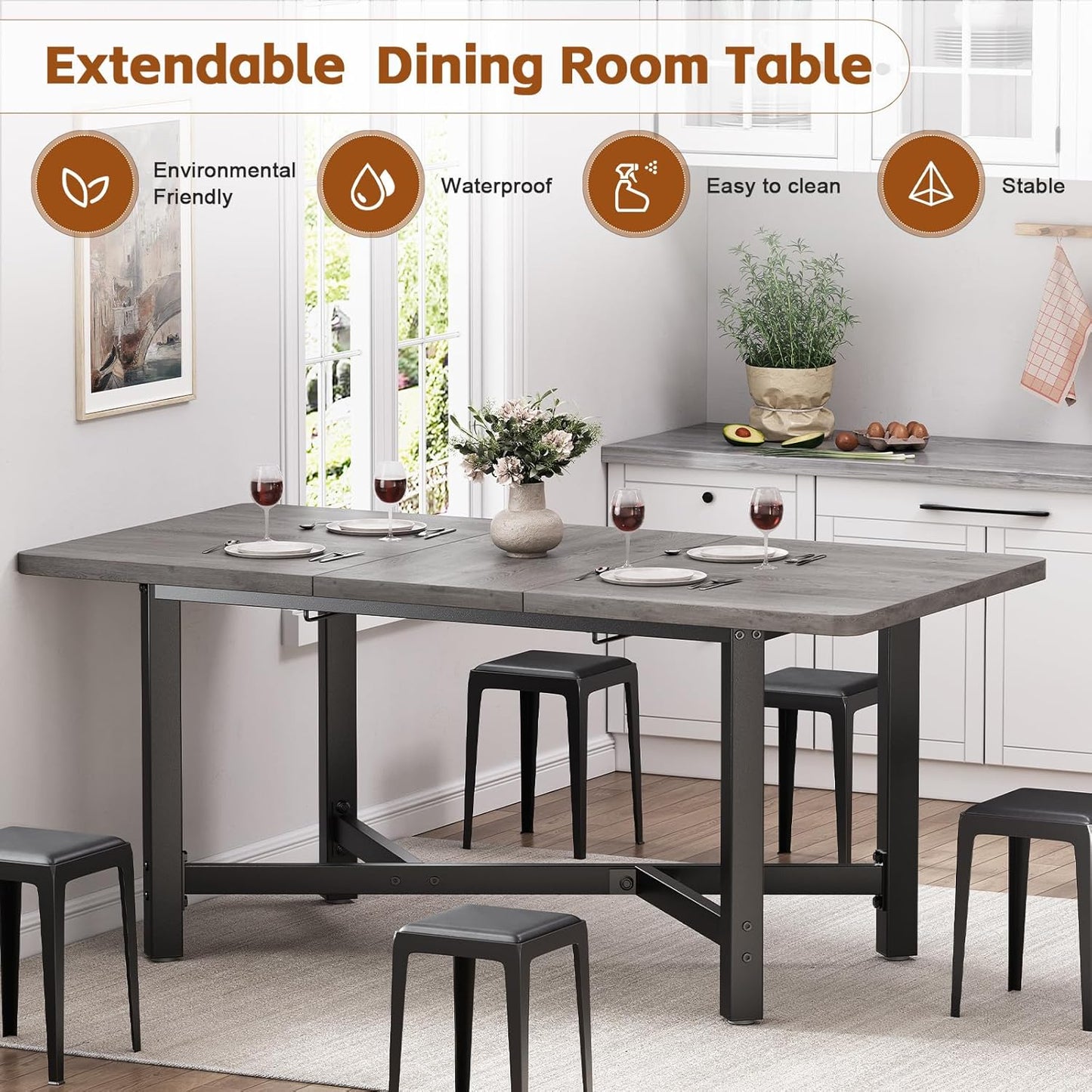 Dining Table for 4-6, 62“Extendable Kitchen Dining Room Table, Space Saving Rectangle Large Expandable Wood Dinner Furniture for Small Space (Grey)