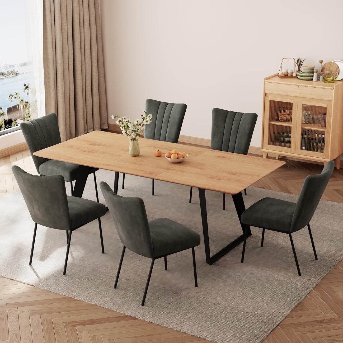ZckyCine 67" Modern Rectangular Wooden Dining Table Set with 6 Brown Leather Chairs - Expandable, Space-Saving, Multifunctional