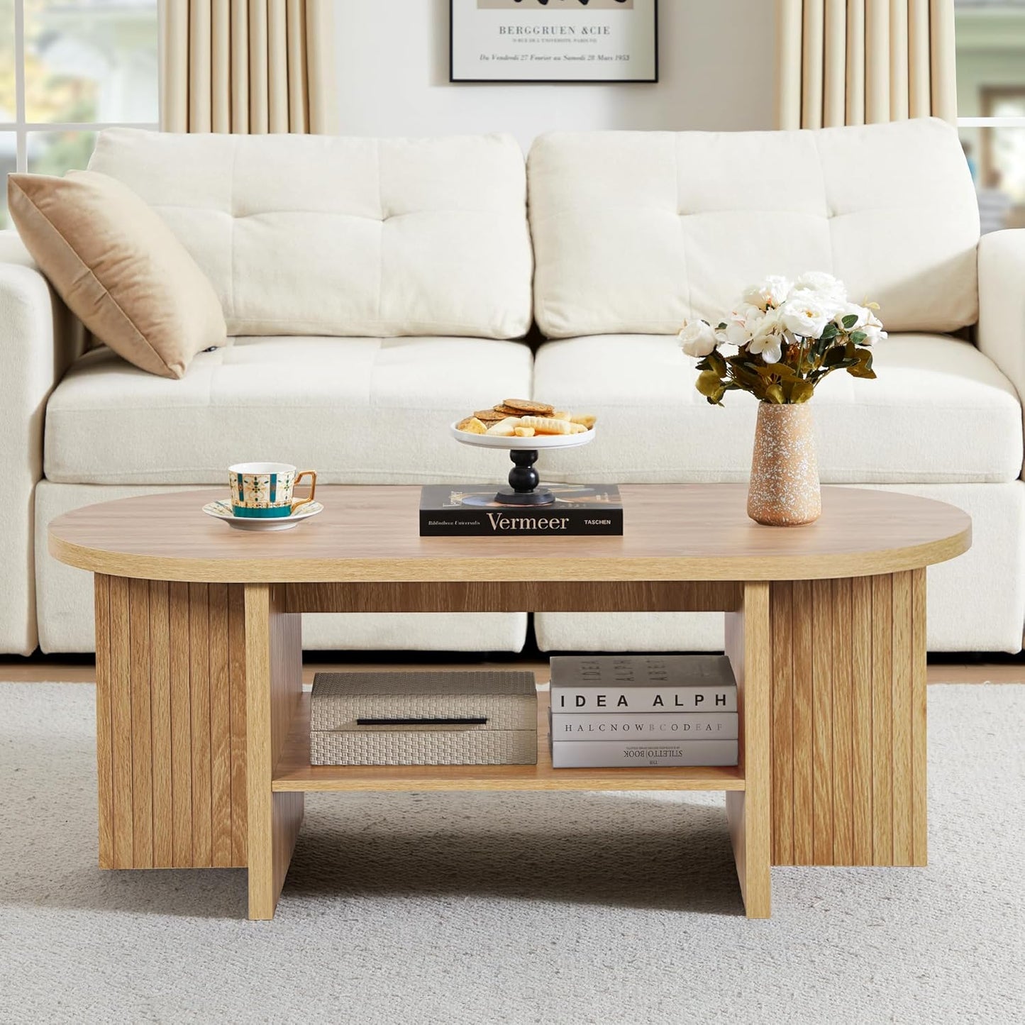 43.3" Coffee Table with Storage, Oval Coffee Tables for Living Room, Farmhouse Fluted Coffee Table with Large Storage Shelf, Wood Center Table for Small Space, Natural