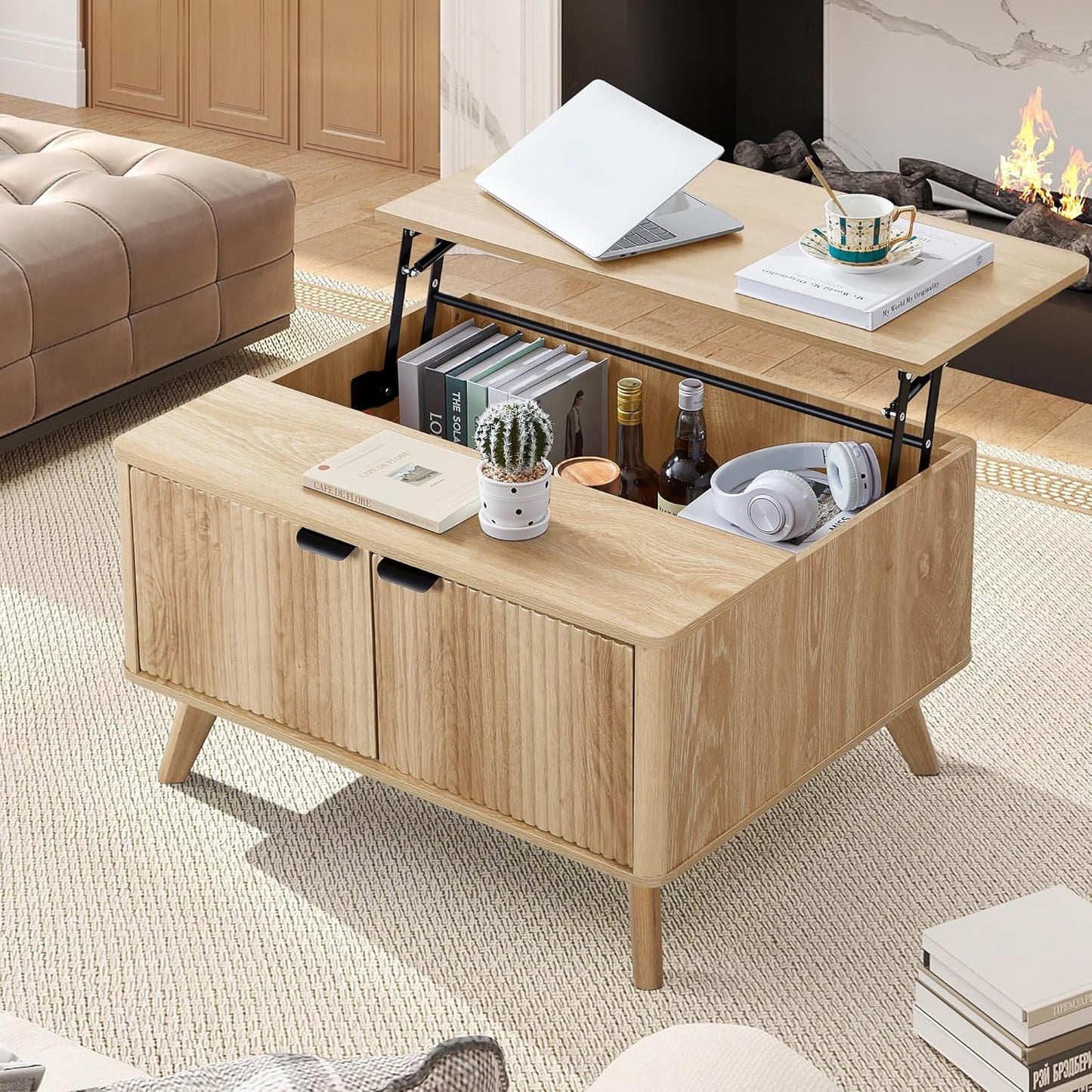 43.3" Coffee Table with Storage, Oval Coffee Tables for Living Room, Farmhouse Fluted Coffee Table with Large Storage Shelf, Wood Center Table for Small Space, Natural