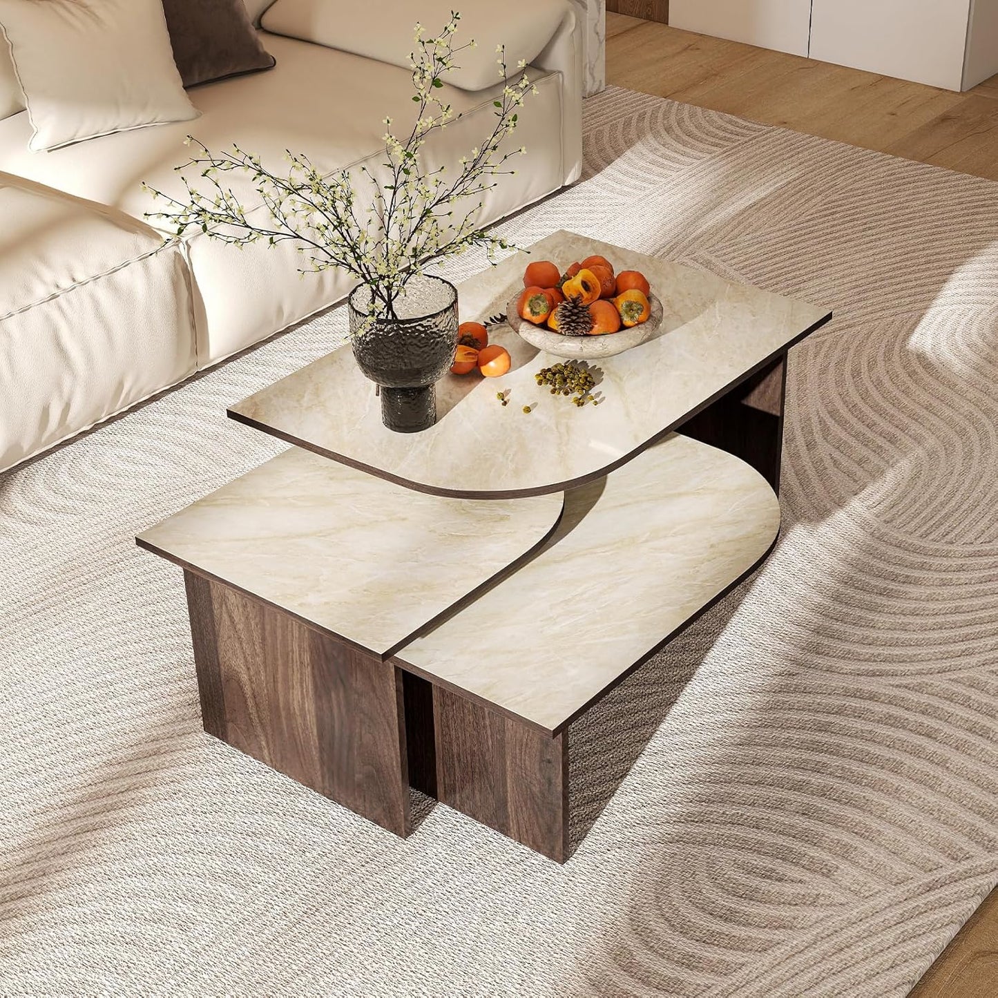 Faux Marble and Wood Coffee Table Set of 3 for Living Room, Modern Nesting Center Table with Faux Travertine Pattern & Solid Wood Legs, Modular Design (Beige & Deep Walnut)
