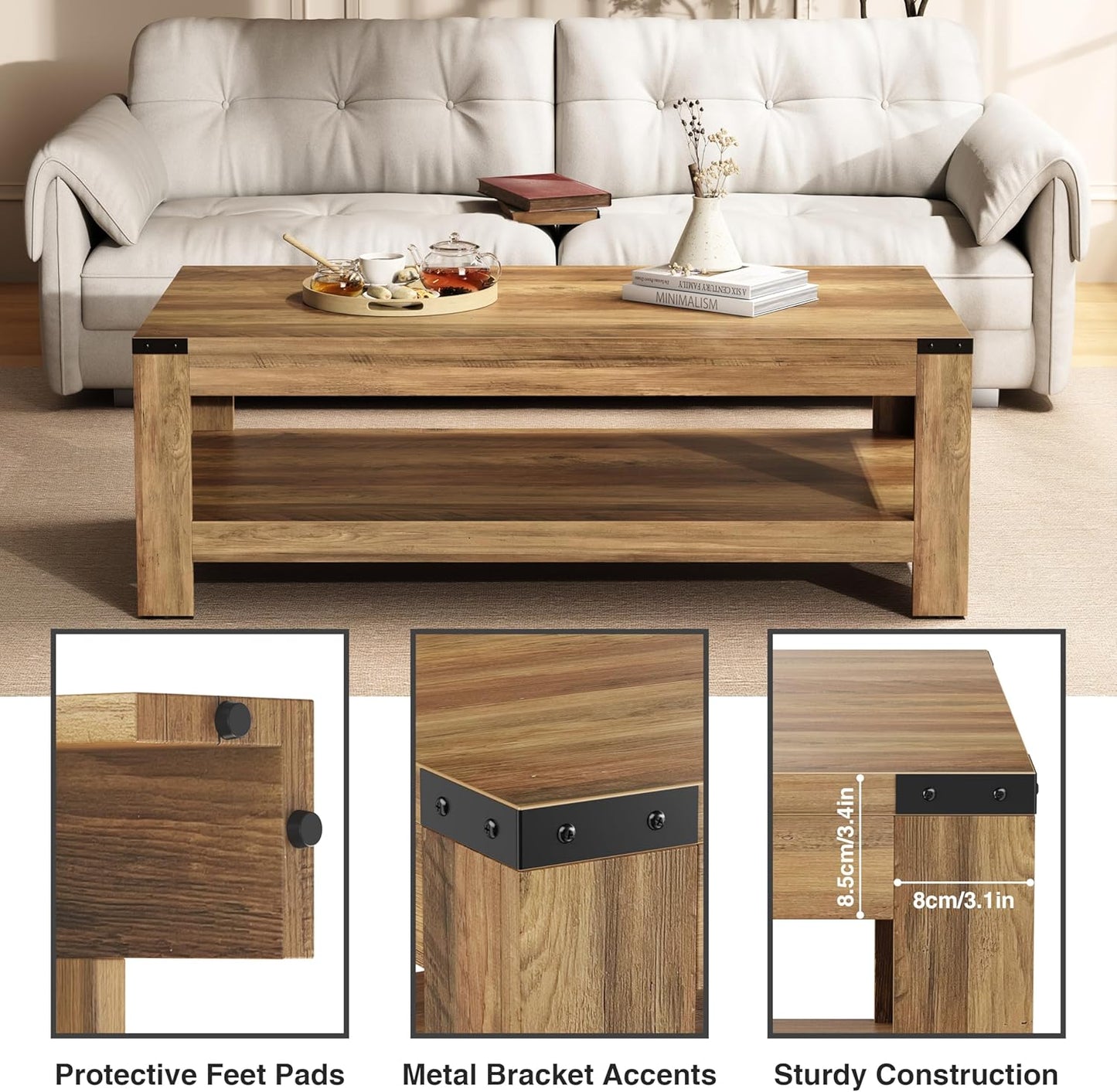 Farmhouse Coffee Table, 47.2" Modern Rustic Wooden Center Table with Storage, Rectangle Living Room Tables, 2-Tier Industrial Cocktail Tea Table for Living Room