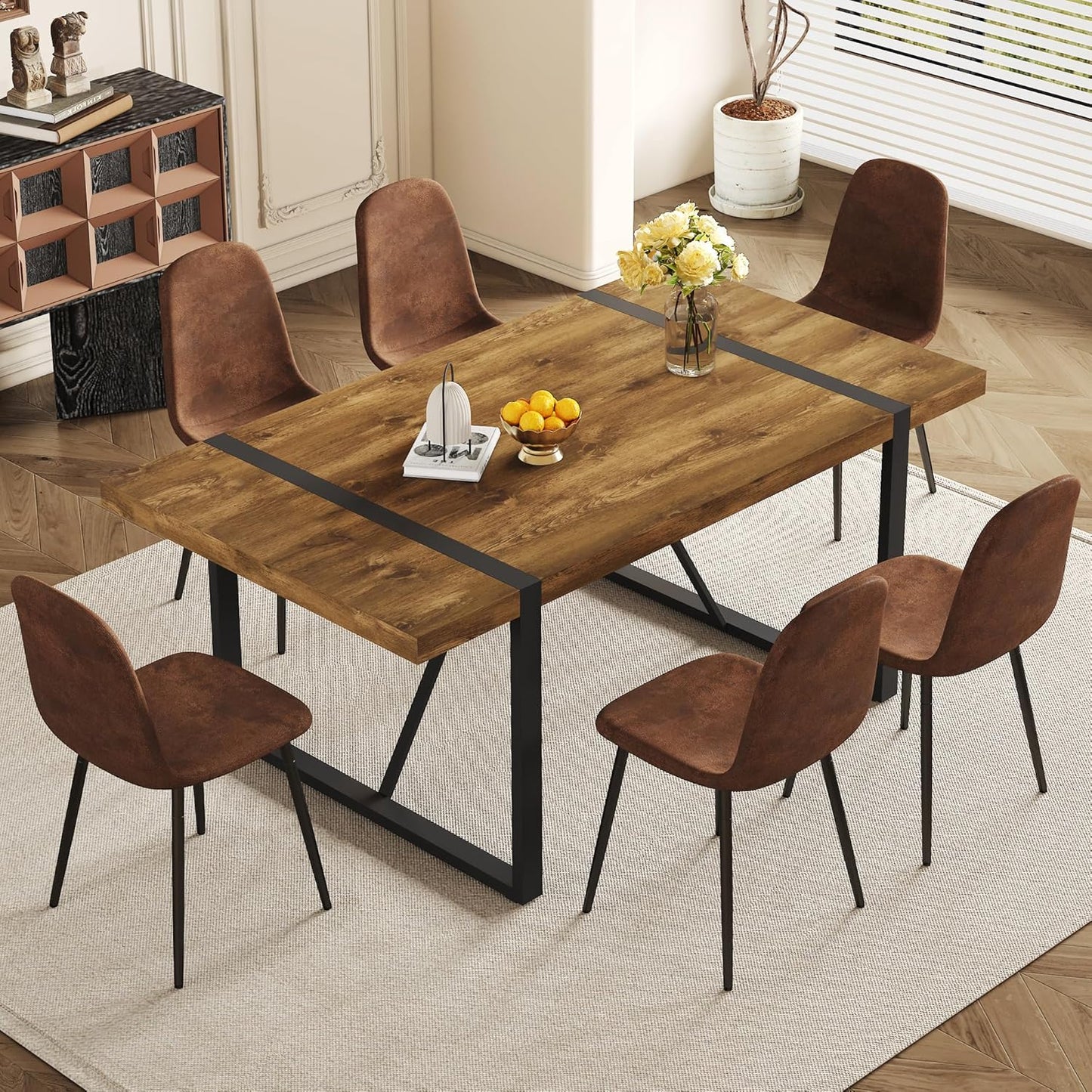 Rustic 7 Piece Dining Room Table Set for 6 People, Mid Century Modern 55 Inch Rectangle Wood Kitchen Dining Table with 6 Fabric Chairs Set, Suitable for Kitchen Dining Room