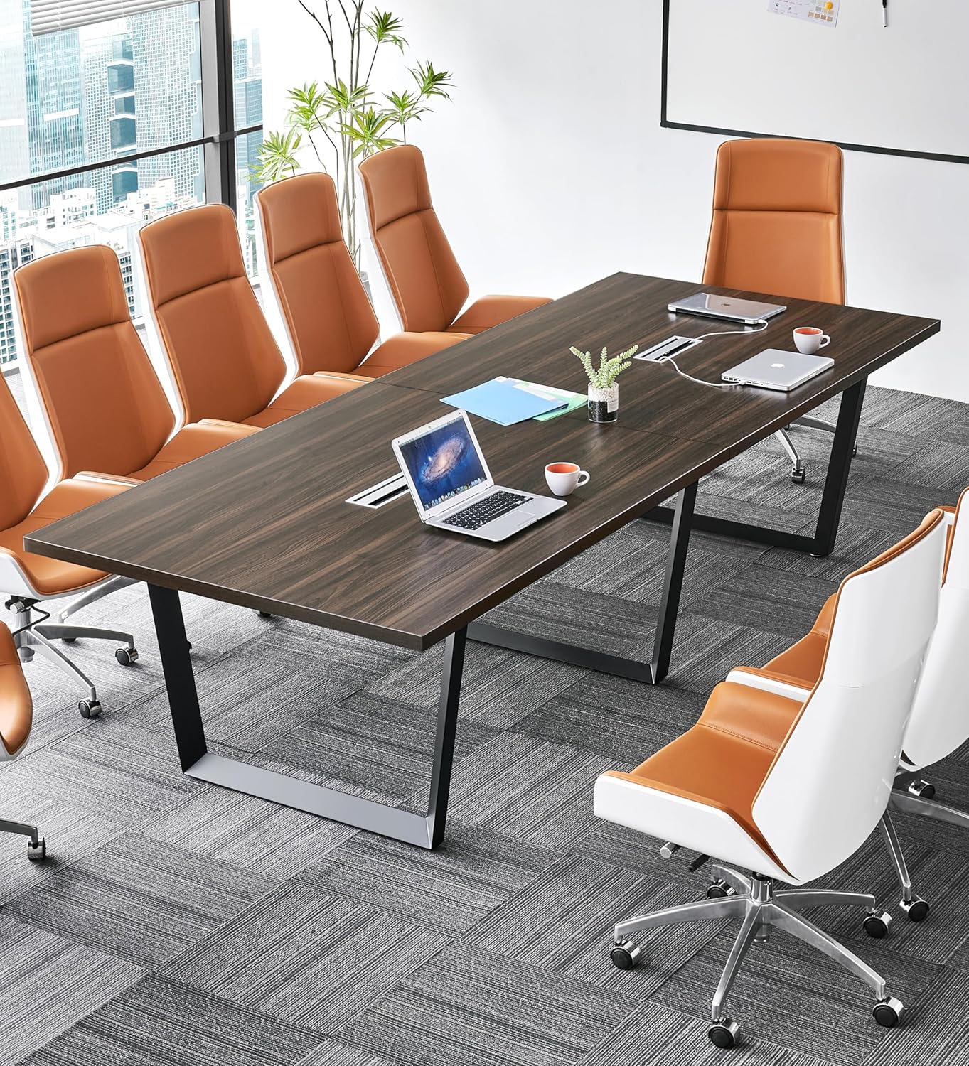 Sturdy Conference Table with Cable Management Grommets Modern Rectangle Office Meeting Table with Wood Tabletop and Metal Frame & Legs- Easy Assembly Boardroom Table (Dark Brown, 8 Foot)