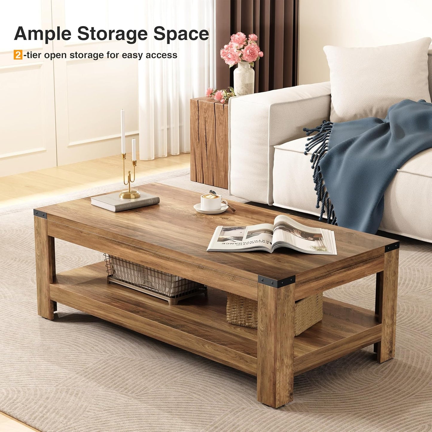 Farmhouse Coffee Table, 47.2" Modern Rustic Wooden Center Table with Storage, Rectangle Living Room Tables, 2-Tier Industrial Cocktail Tea Table for Living Room