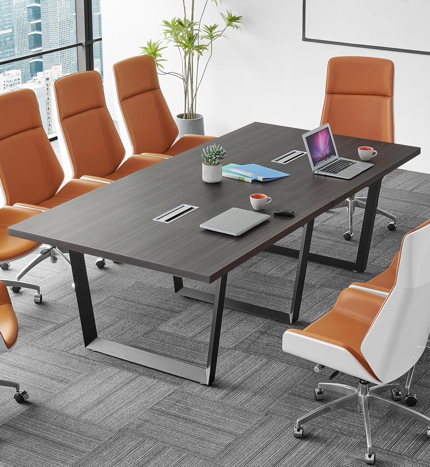 Sturdy Conference Table with Cable Management Grommets Modern Rectangle Office Meeting Table with Wood Tabletop and Metal Frame & Legs- Easy Assembly Boardroom Table (Dark Brown, 8 Foot)