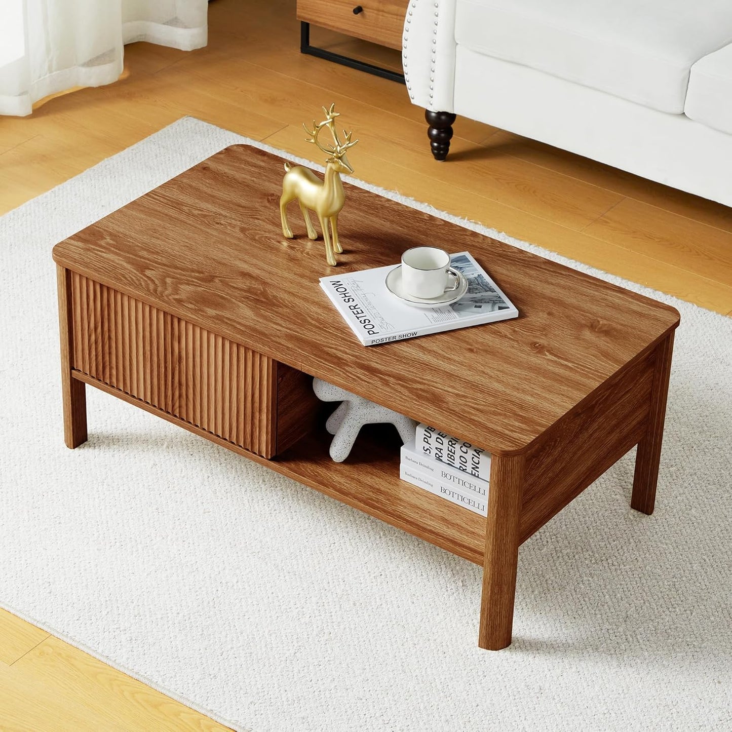 43.3" Coffee Table with Storage, Oval Coffee Tables for Living Room, Farmhouse Fluted Coffee Table with Large Storage Shelf, Wood Center Table for Small Space, Natural