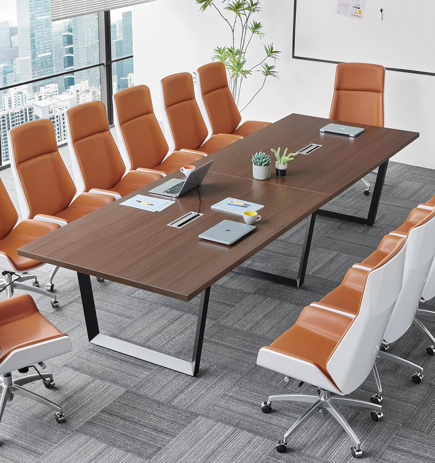 Sturdy Conference Table with Cable Management Grommets Modern Rectangle Office Meeting Table with Wood Tabletop and Metal Frame & Legs- Easy Assembly Boardroom Table (Dark Brown, 8 Foot)