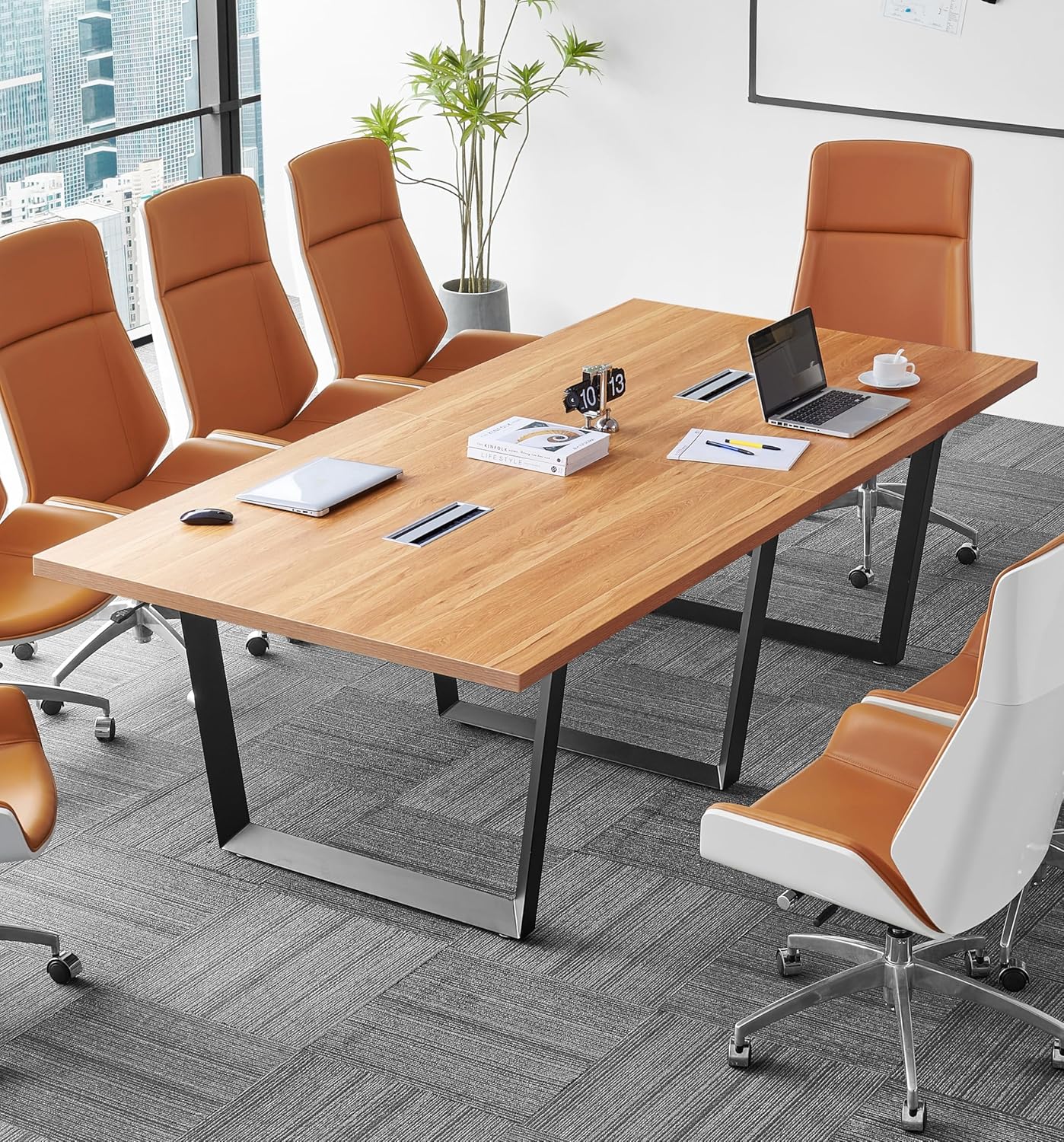 Sturdy Conference Table with Cable Management Grommets Modern Rectangle Office Meeting Table with Wood Tabletop and Metal Frame & Legs- Easy Assembly Boardroom Table (Dark Brown, 8 Foot)