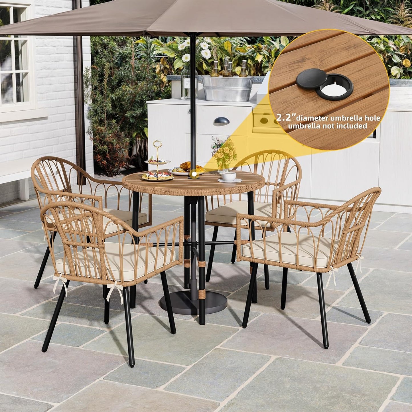 DWVO Outdoor Patio Dining Table Round for 4 35.4" Outdoor Tables with Umbrella Hole & Adjustable Levelers All-Weather Bistro Table with Metal Frame for Lawn Garden Backyard