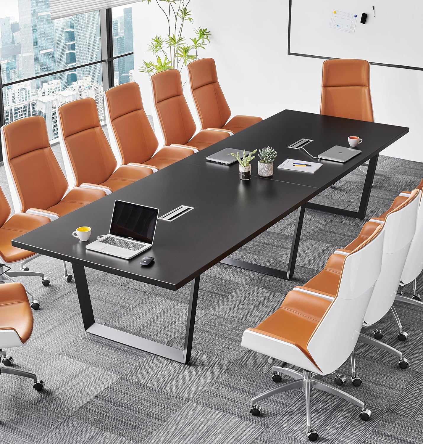 Sturdy Conference Table with Cable Management Grommets Modern Rectangle Office Meeting Table with Wood Tabletop and Metal Frame & Legs- Easy Assembly Boardroom Table (Dark Brown, 8 Foot)