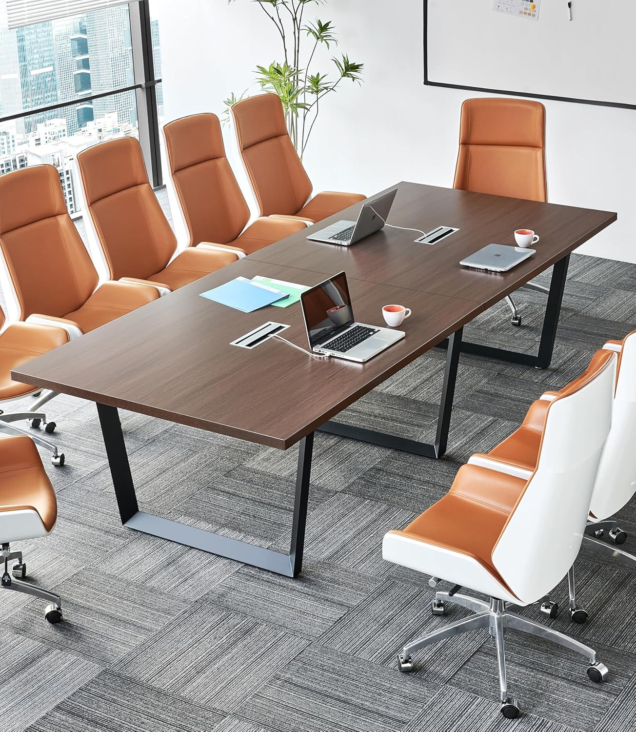 Sturdy Conference Table with Cable Management Grommets Modern Rectangle Office Meeting Table with Wood Tabletop and Metal Frame & Legs- Easy Assembly Boardroom Table (Dark Brown, 8 Foot)