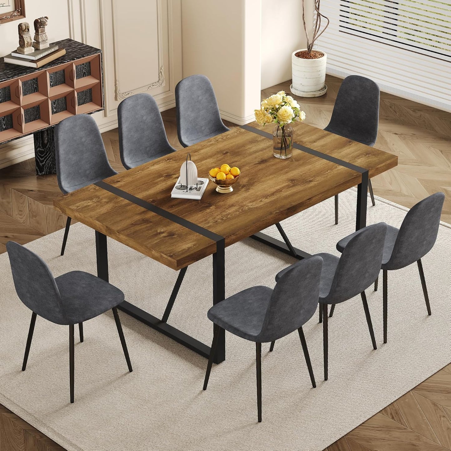 Rustic 7 Piece Dining Room Table Set for 6 People, Mid Century Modern 55 Inch Rectangle Wood Kitchen Dining Table with 6 Fabric Chairs Set, Suitable for Kitchen Dining Room