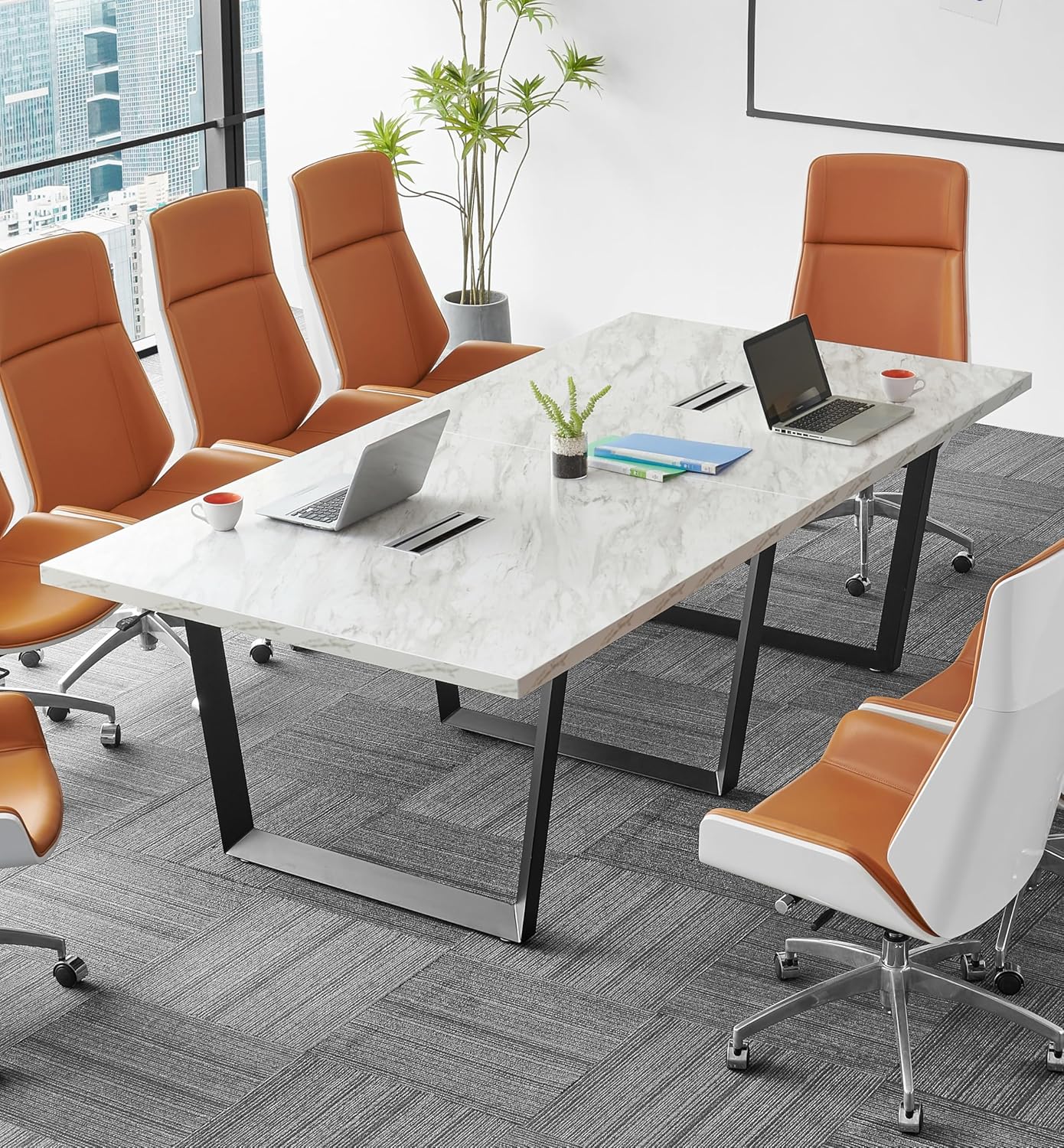 Sturdy Conference Table with Cable Management Grommets Modern Rectangle Office Meeting Table with Wood Tabletop and Metal Frame & Legs- Easy Assembly Boardroom Table (Dark Brown, 8 Foot)
