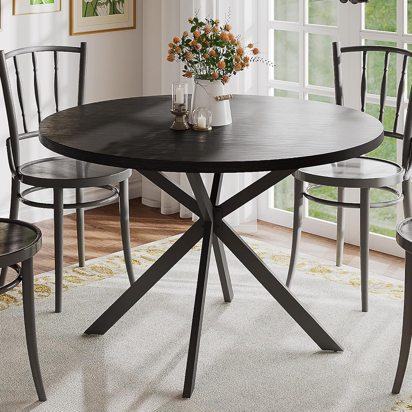 ChooChoo 47.2 Inch Round Dining Table for 4, Farmhouse Wood Kitchen Table, Circle Dinner Table for Kitchen & Dining Room, Natural Oak