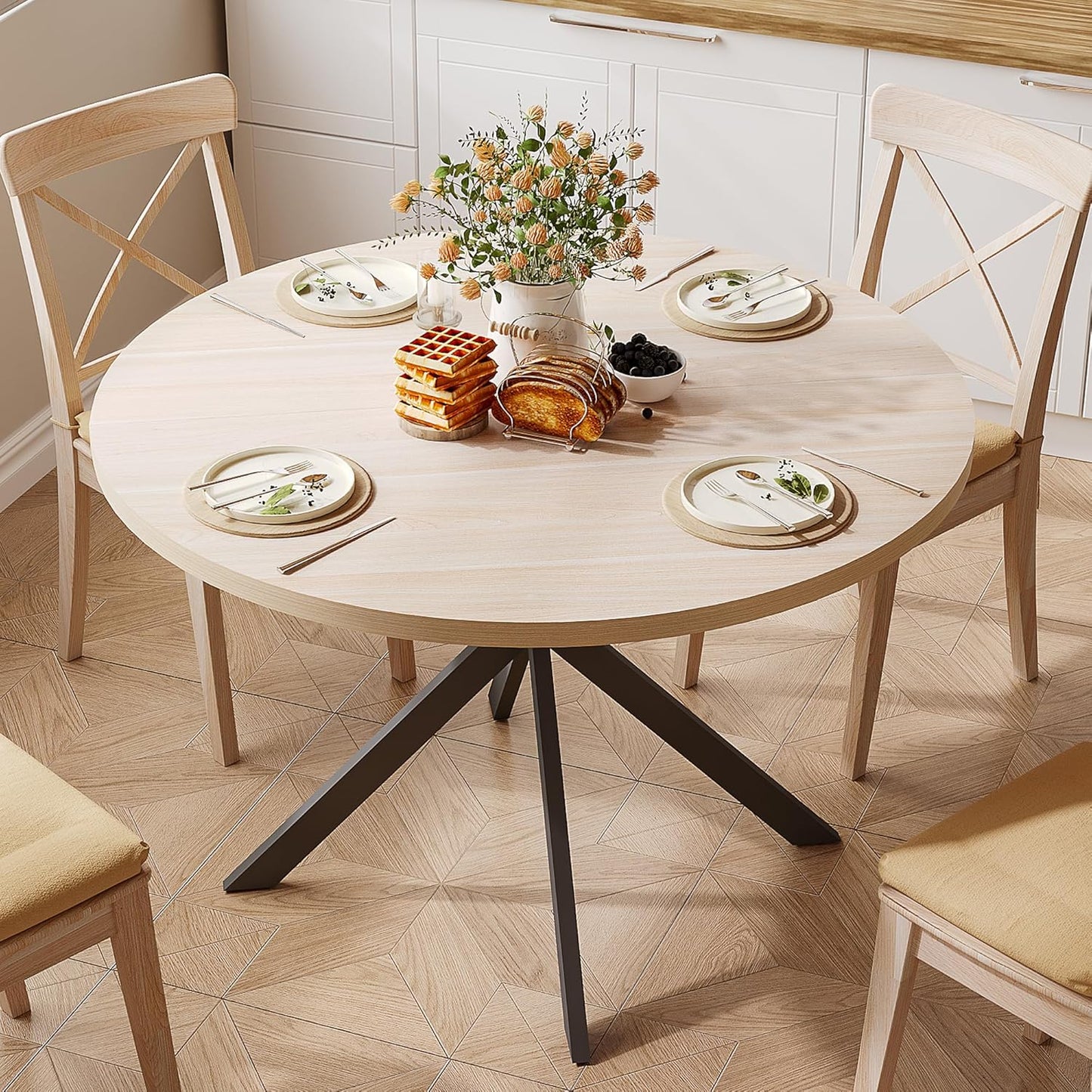 ChooChoo 47.2 Inch Round Dining Table for 4, Farmhouse Wood Kitchen Table, Circle Dinner Table for Kitchen & Dining Room, Natural Oak