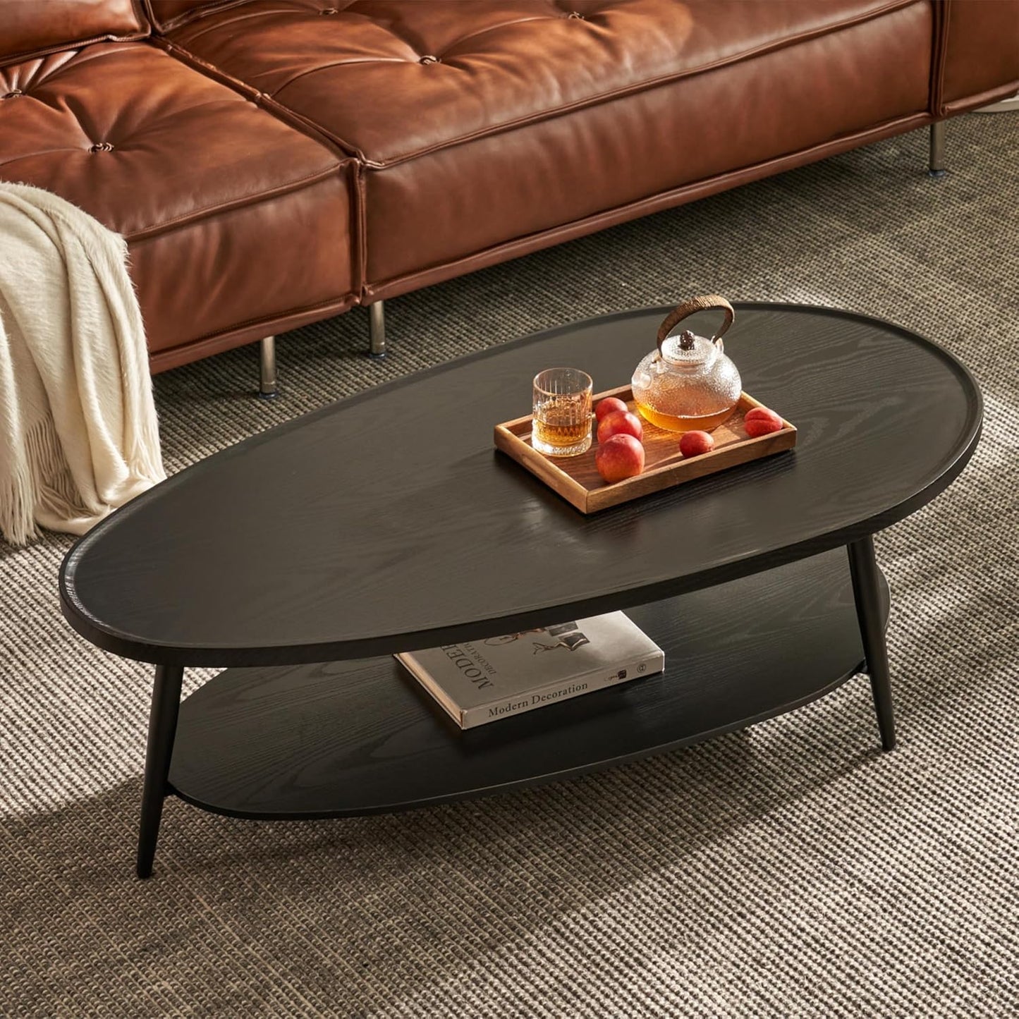 Saint Mossi Modern Coffee Table for Living Room, Mid-Century Oval Wood Coffee Table, Double Layer Center Table for Small Space, D47xW23.6xH15, Espresso