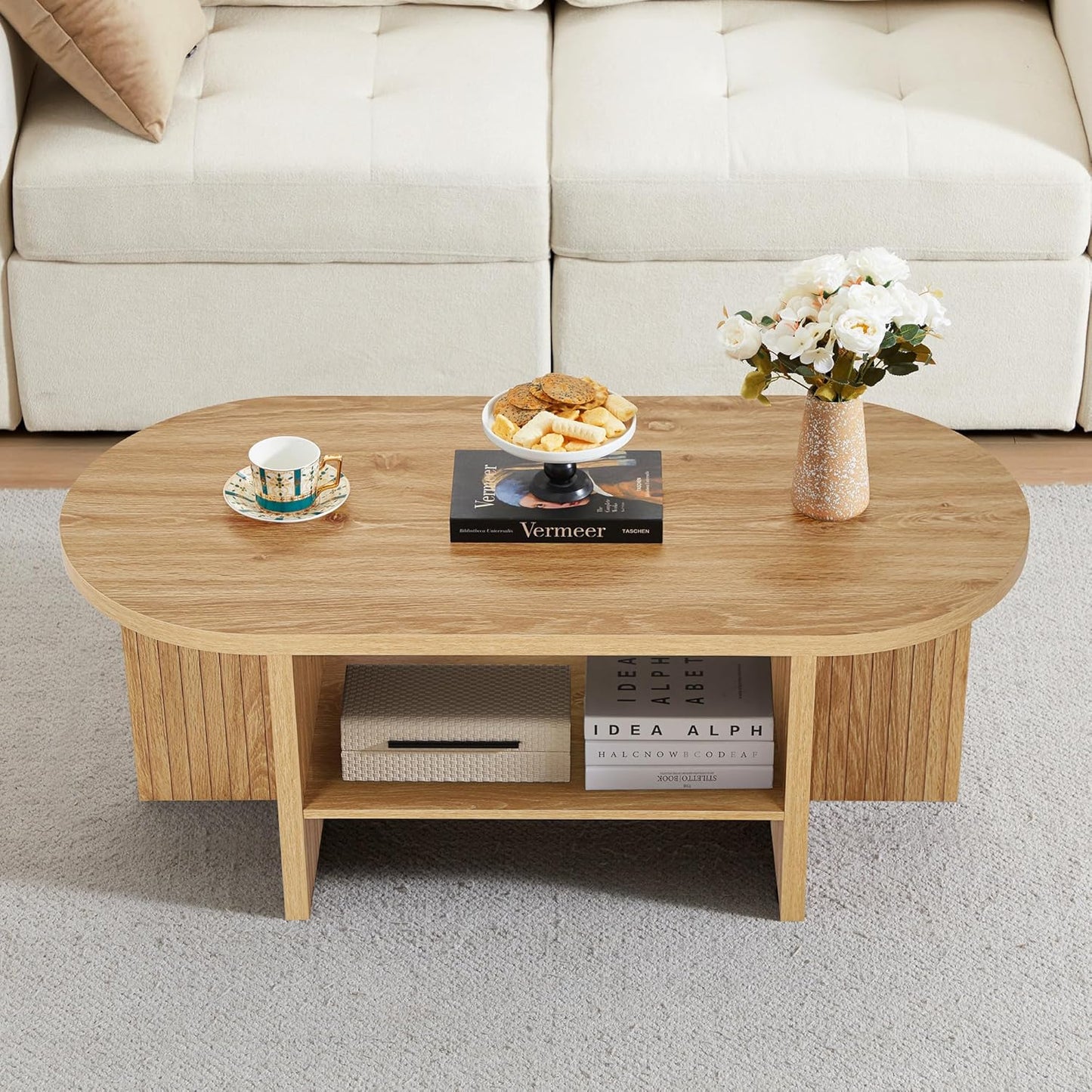 43.3" Coffee Table with Storage, Oval Coffee Tables for Living Room, Farmhouse Fluted Coffee Table with Large Storage Shelf, Wood Center Table for Small Space, Natural