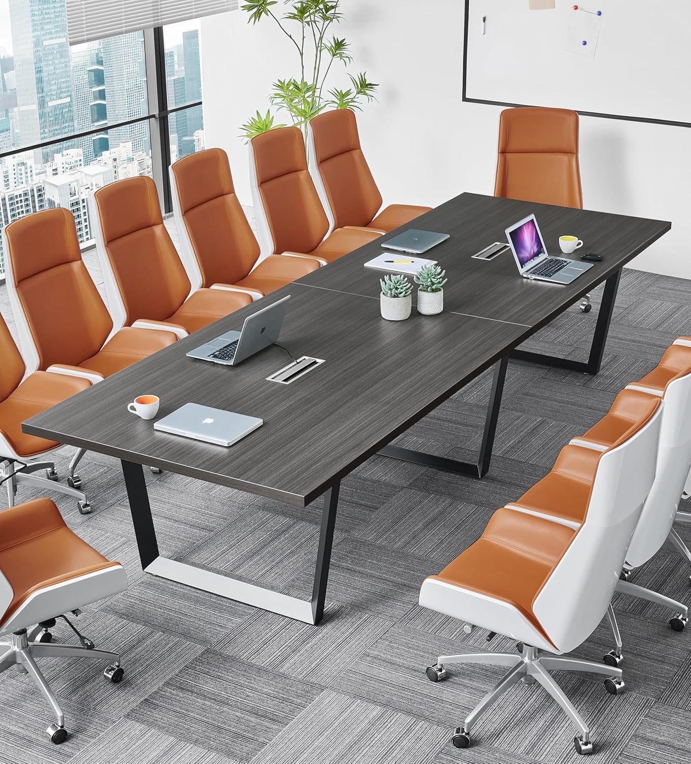 Sturdy Conference Table with Cable Management Grommets Modern Rectangle Office Meeting Table with Wood Tabletop and Metal Frame & Legs- Easy Assembly Boardroom Table (Dark Brown, 8 Foot)