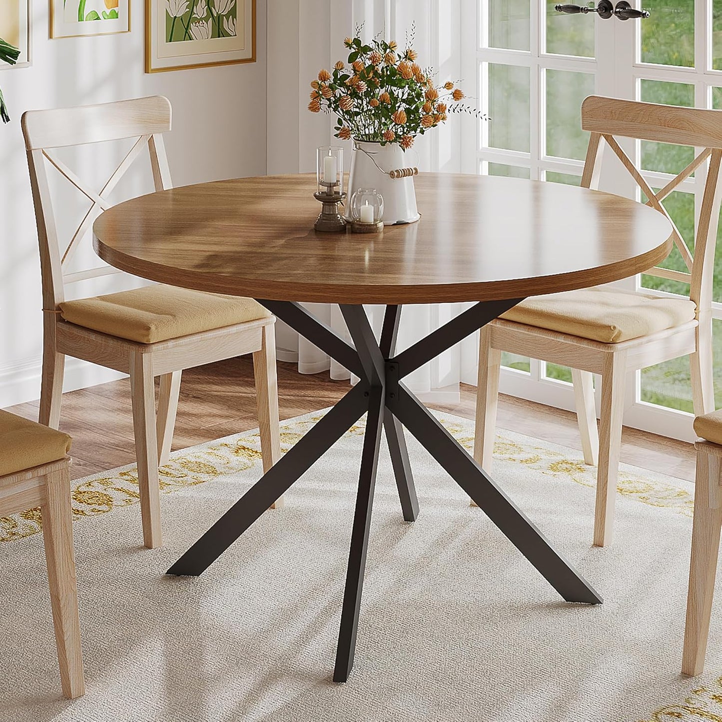 ChooChoo 47.2 Inch Round Dining Table for 4, Farmhouse Wood Kitchen Table, Circle Dinner Table for Kitchen & Dining Room, Natural Oak