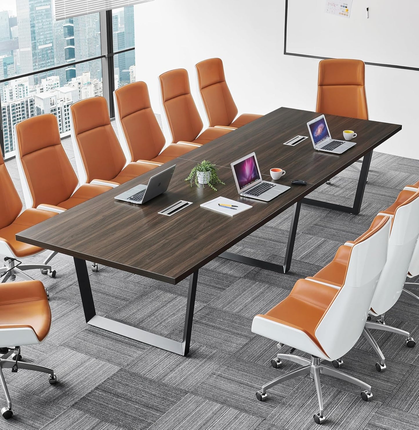 Sturdy Conference Table with Cable Management Grommets Modern Rectangle Office Meeting Table with Wood Tabletop and Metal Frame & Legs- Easy Assembly Boardroom Table (Dark Brown, 8 Foot)