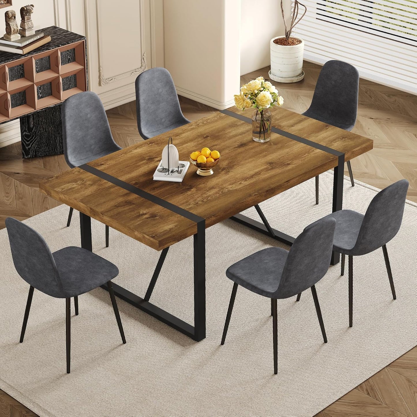 Rustic 7 Piece Dining Room Table Set for 6 People, Mid Century Modern 55 Inch Rectangle Wood Kitchen Dining Table with 6 Fabric Chairs Set, Suitable for Kitchen Dining Room