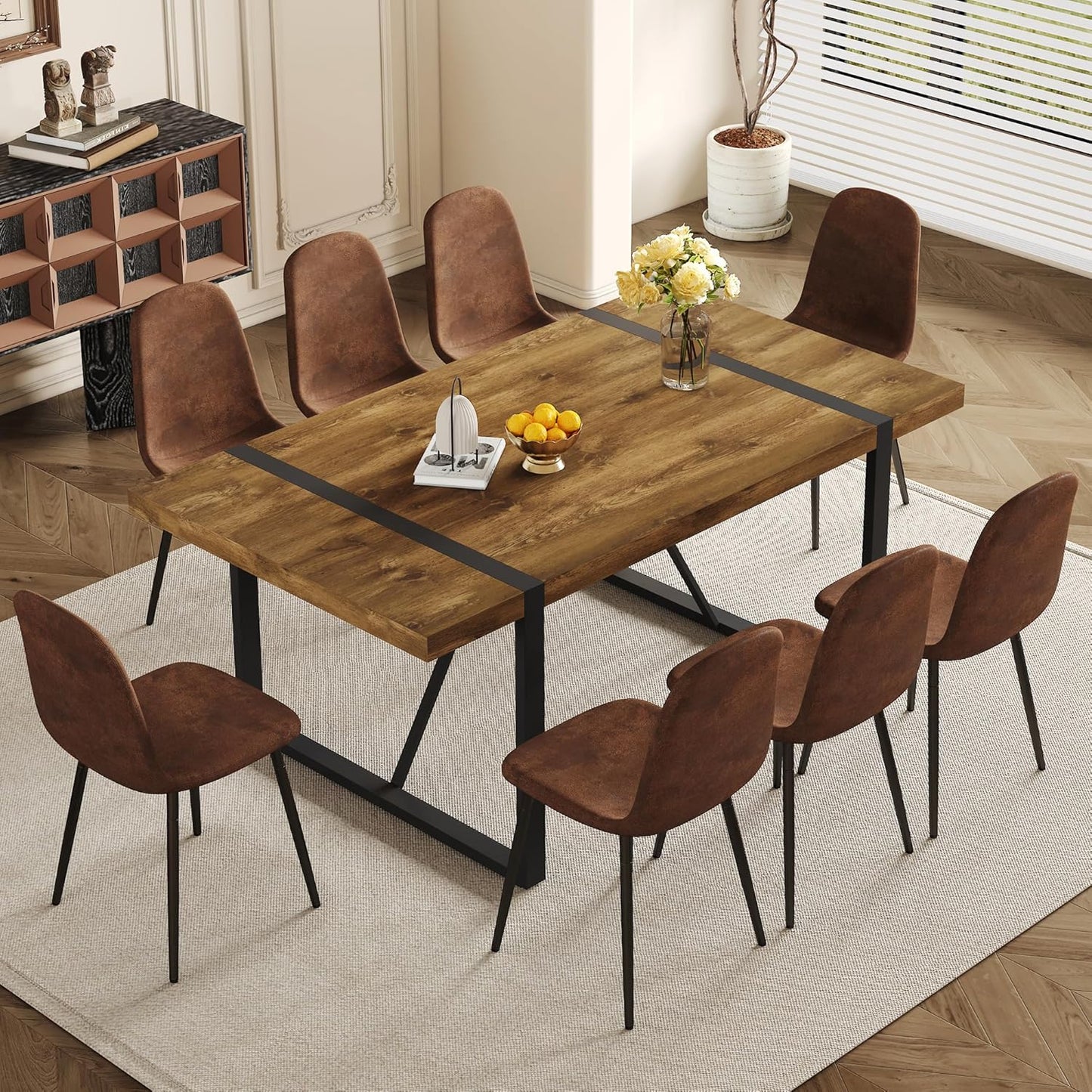Rustic 7 Piece Dining Room Table Set for 6 People, Mid Century Modern 55 Inch Rectangle Wood Kitchen Dining Table with 6 Fabric Chairs Set, Suitable for Kitchen Dining Room