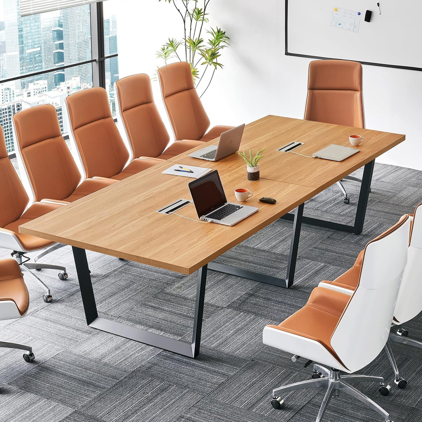 Sturdy Conference Table with Cable Management Grommets Modern Rectangle Office Meeting Table with Wood Tabletop and Metal Frame & Legs- Easy Assembly Boardroom Table (Dark Brown, 8 Foot)