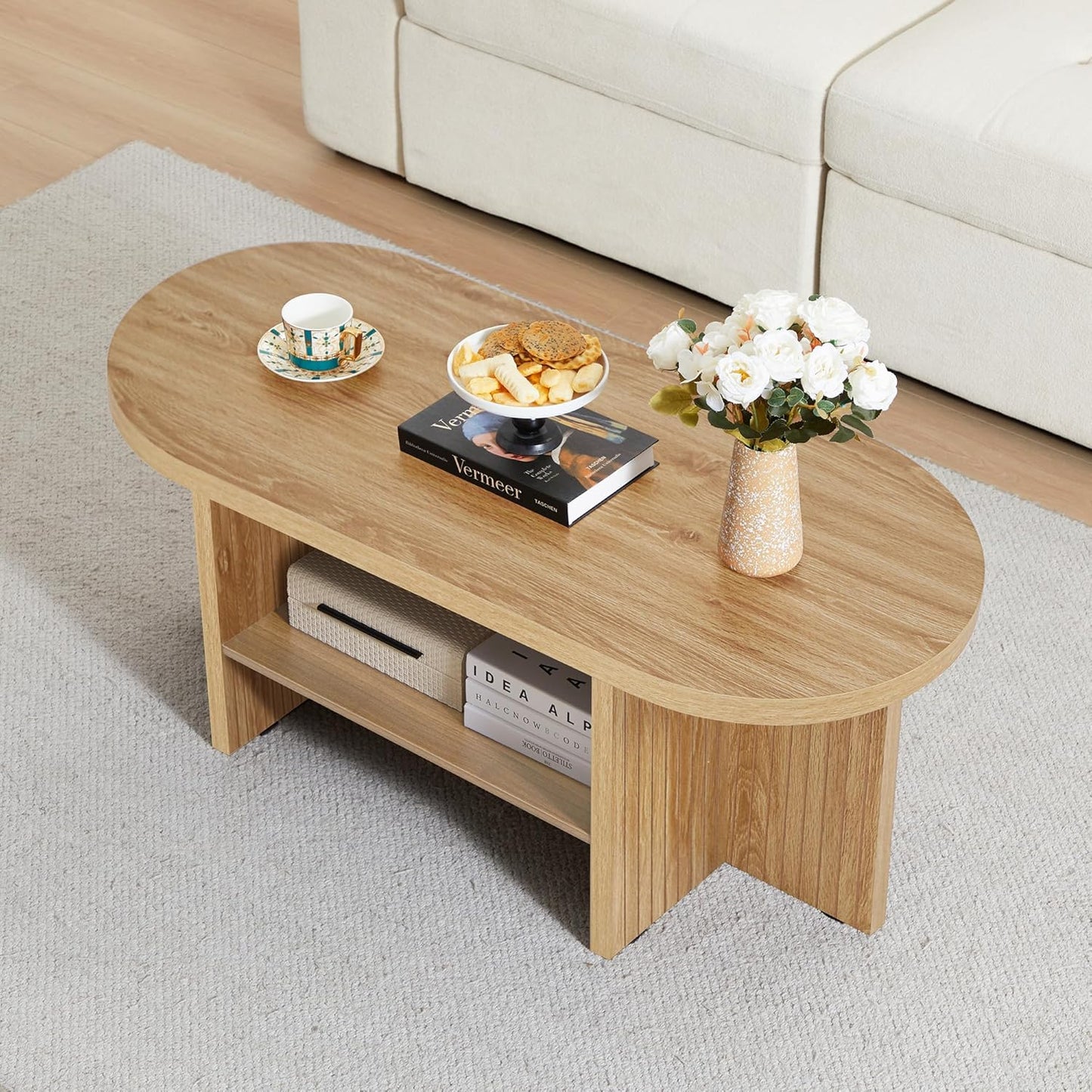 43.3" Coffee Table with Storage, Oval Coffee Tables for Living Room, Farmhouse Fluted Coffee Table with Large Storage Shelf, Wood Center Table for Small Space, Natural