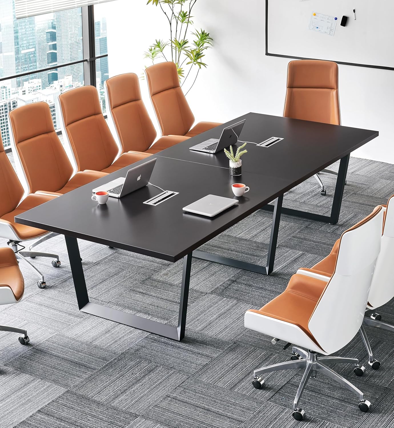 Sturdy Conference Table with Cable Management Grommets Modern Rectangle Office Meeting Table with Wood Tabletop and Metal Frame & Legs- Easy Assembly Boardroom Table (Dark Brown, 8 Foot)