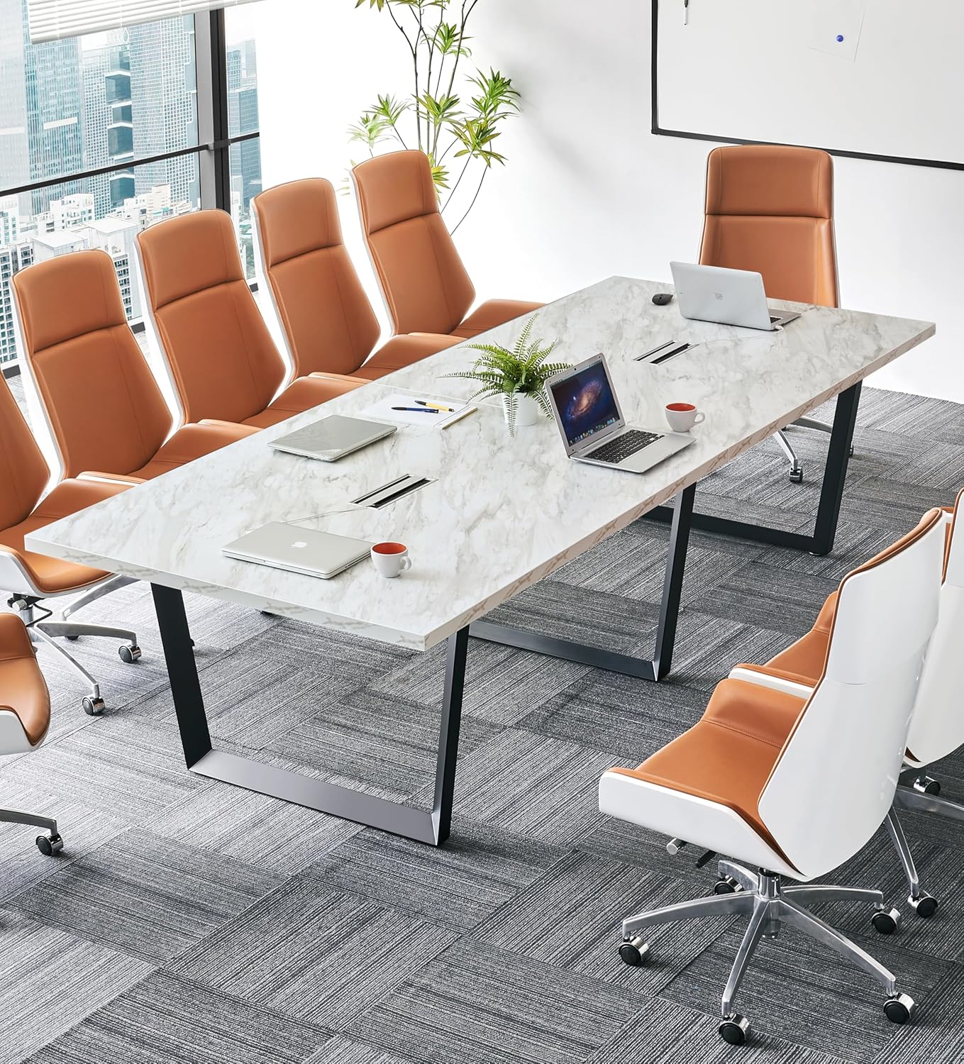 Sturdy Conference Table with Cable Management Grommets Modern Rectangle Office Meeting Table with Wood Tabletop and Metal Frame & Legs- Easy Assembly Boardroom Table (Dark Brown, 8 Foot)